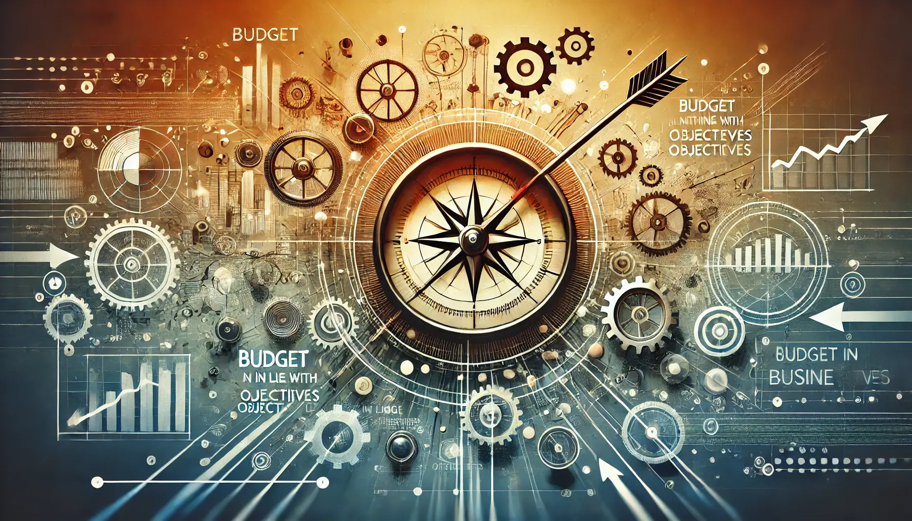 Abstract image symbolizing the alignment of budget planning with business goals with visuals of a compass, interconnected gears, and a pathway leading to a central target.