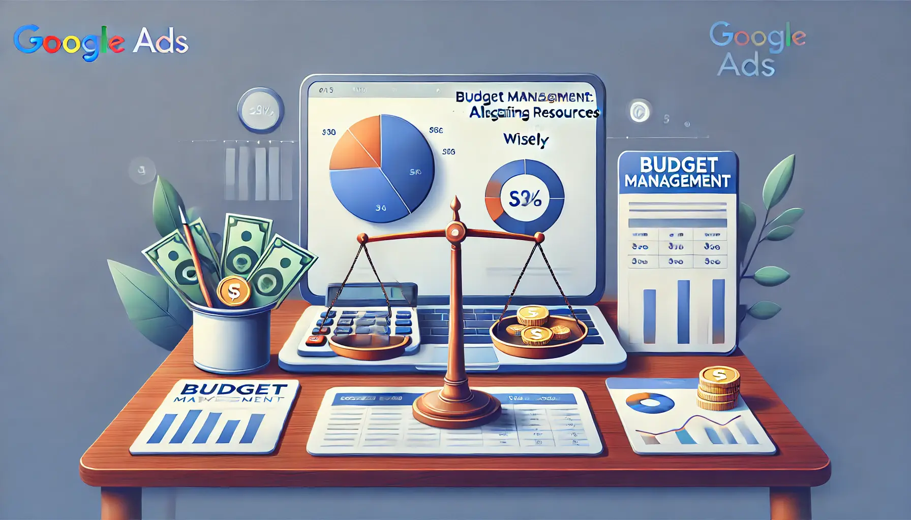 Visual representation of budget management in digital advertising, featuring a pie chart, a balance scale, and a dashboard showing financial metrics.