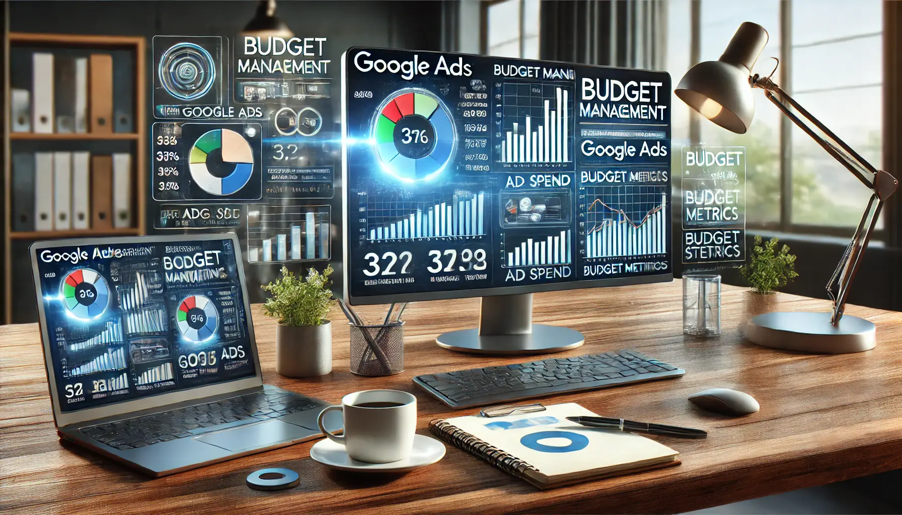 An office setting with a large screen displaying Google Ads metrics, including charts and graphs related to budget management.