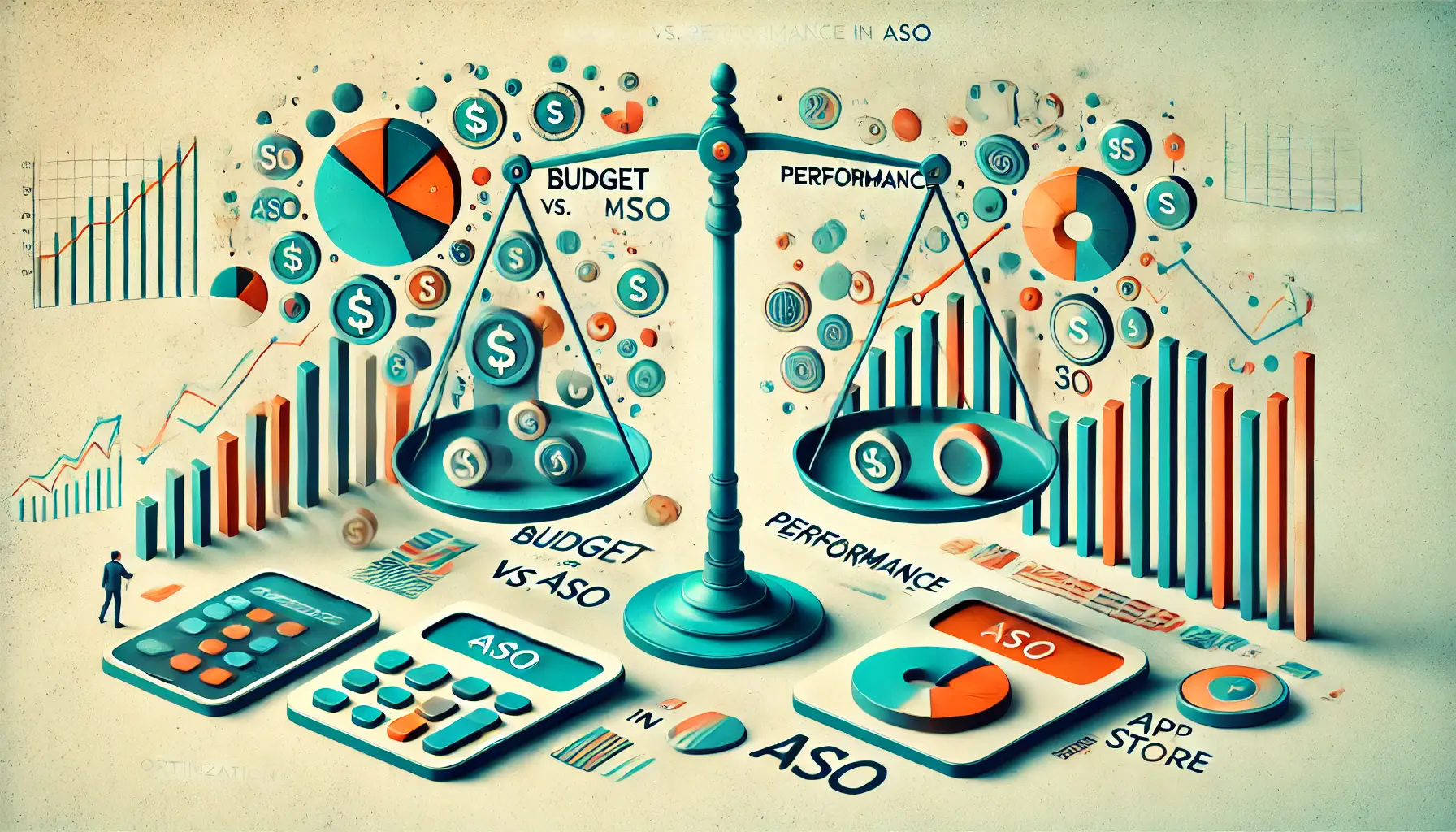 Abstract image symbolizing the comparison between budget allocation and performance outcomes in ASO with visuals of scales, graphs, and contrasting elements.