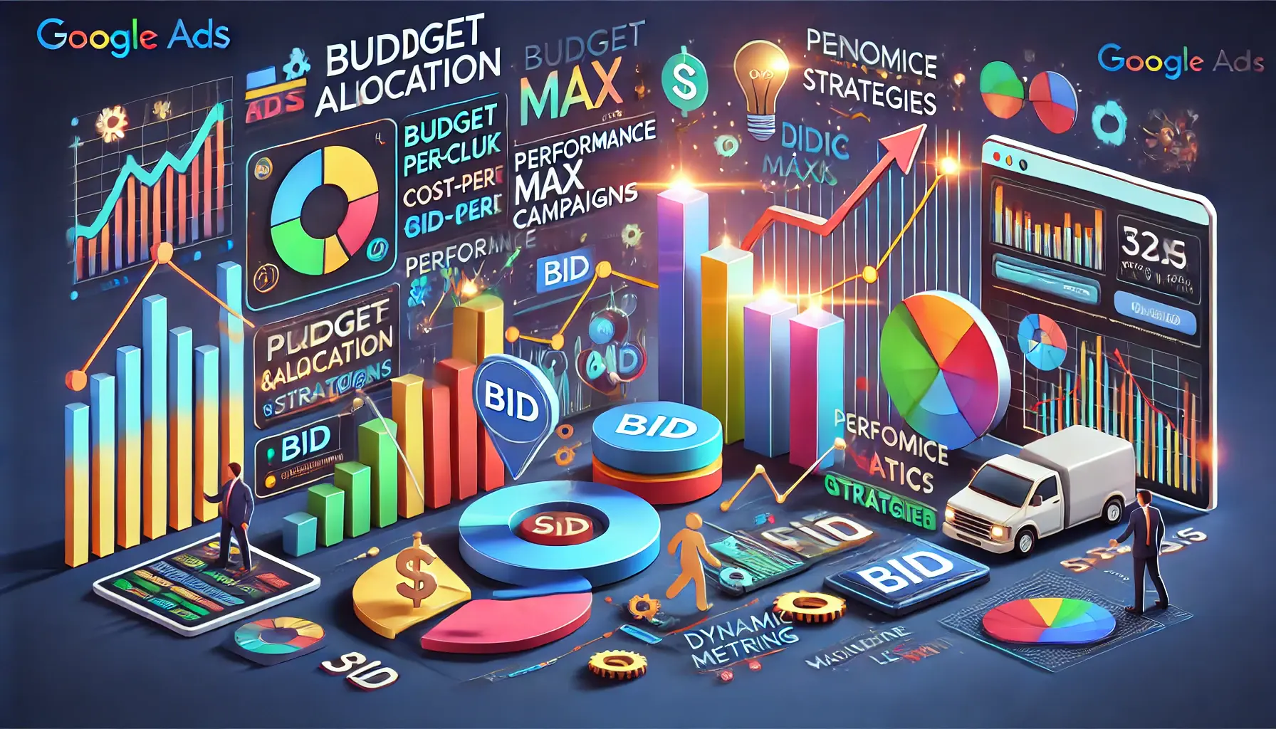 An image showing abstract visuals of budget allocation, bid strategies, and cost optimization, symbolizing financial planning and bidding in digital advertising.