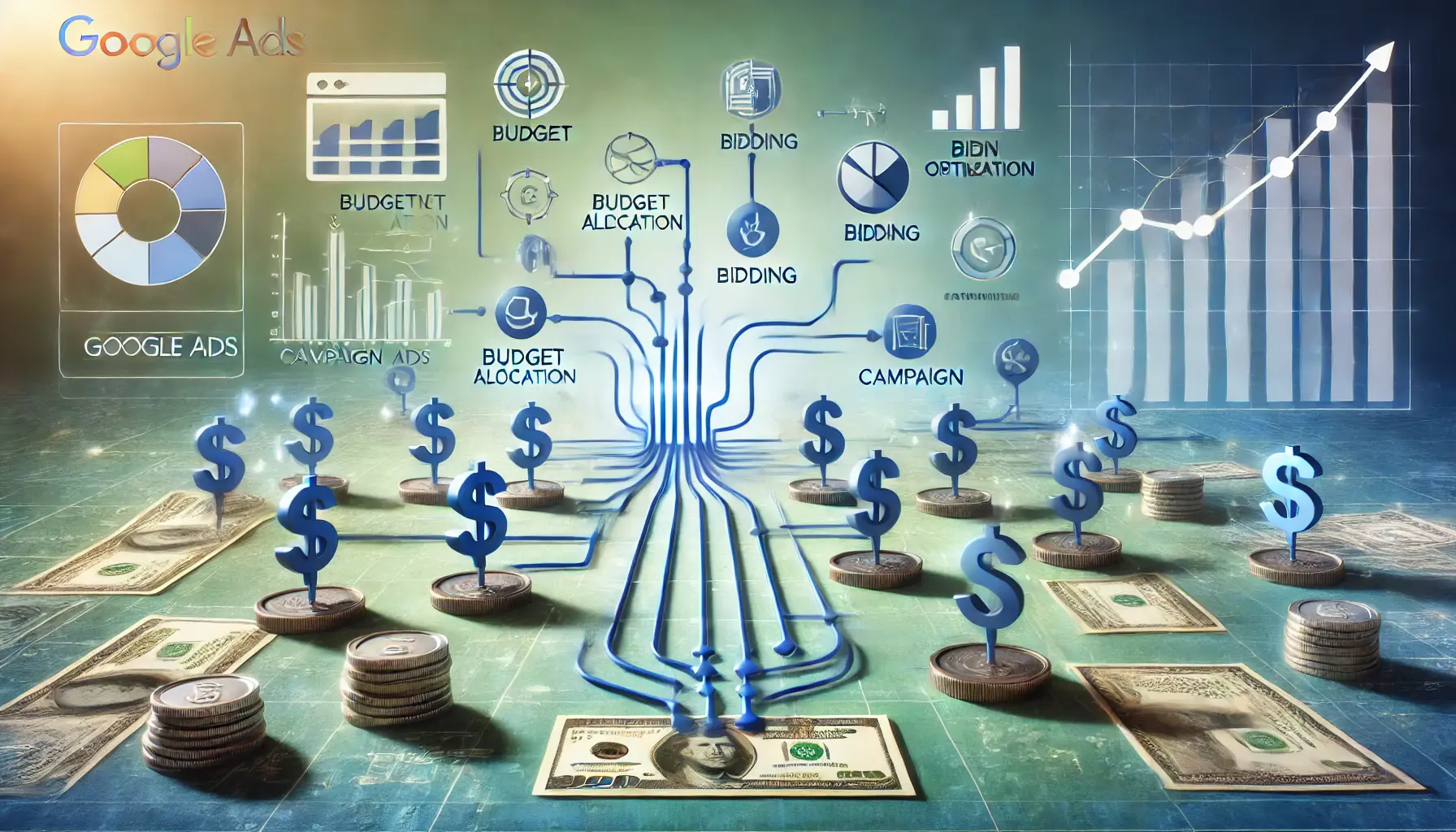 A visual representation of budgeting and bidding strategies with currency symbols, bidding icons, and campaign metrics connected in a flow.