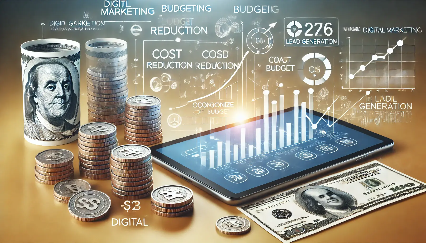 A digital marketing scene featuring financial symbols, graphs, and charts on devices, representing budget management for lead generation campaigns.