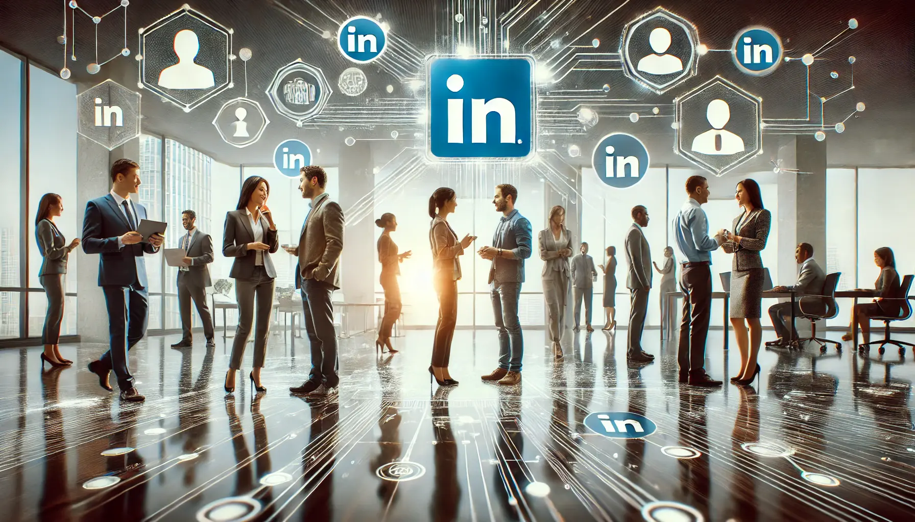 A diverse group of professionals engaged in conversations and collaboration in a modern corporate office setting, representing a thriving LinkedIn community.