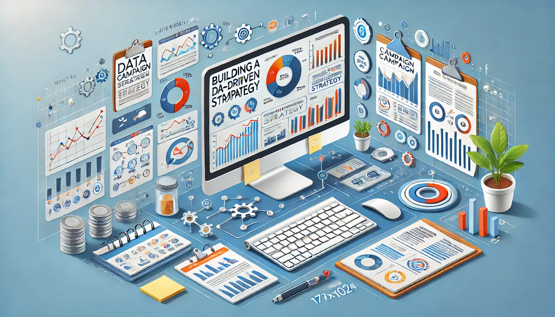 Image depicting a digital workspace with a computer showing a strategic plan for a data-driven campaign featuring analytics graphs and charts.