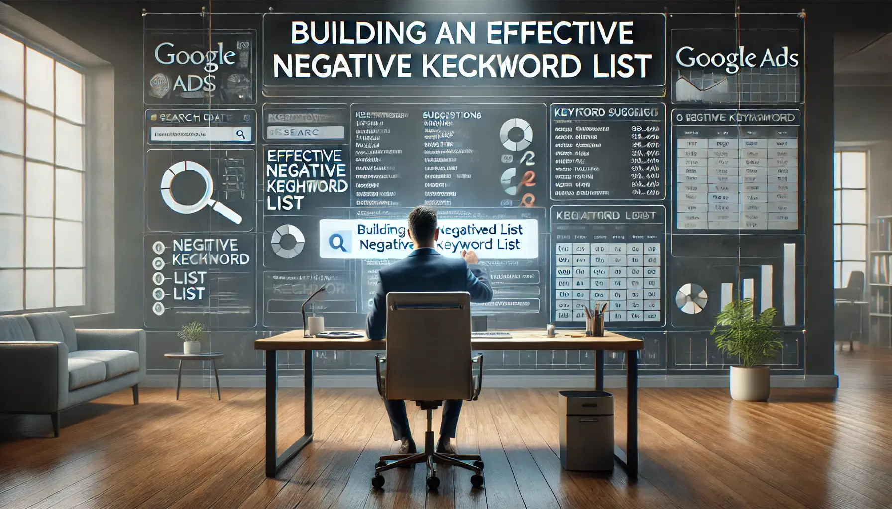 Digital workspace showing the construction of an effective negative keyword list using keyword research tools and analytics.