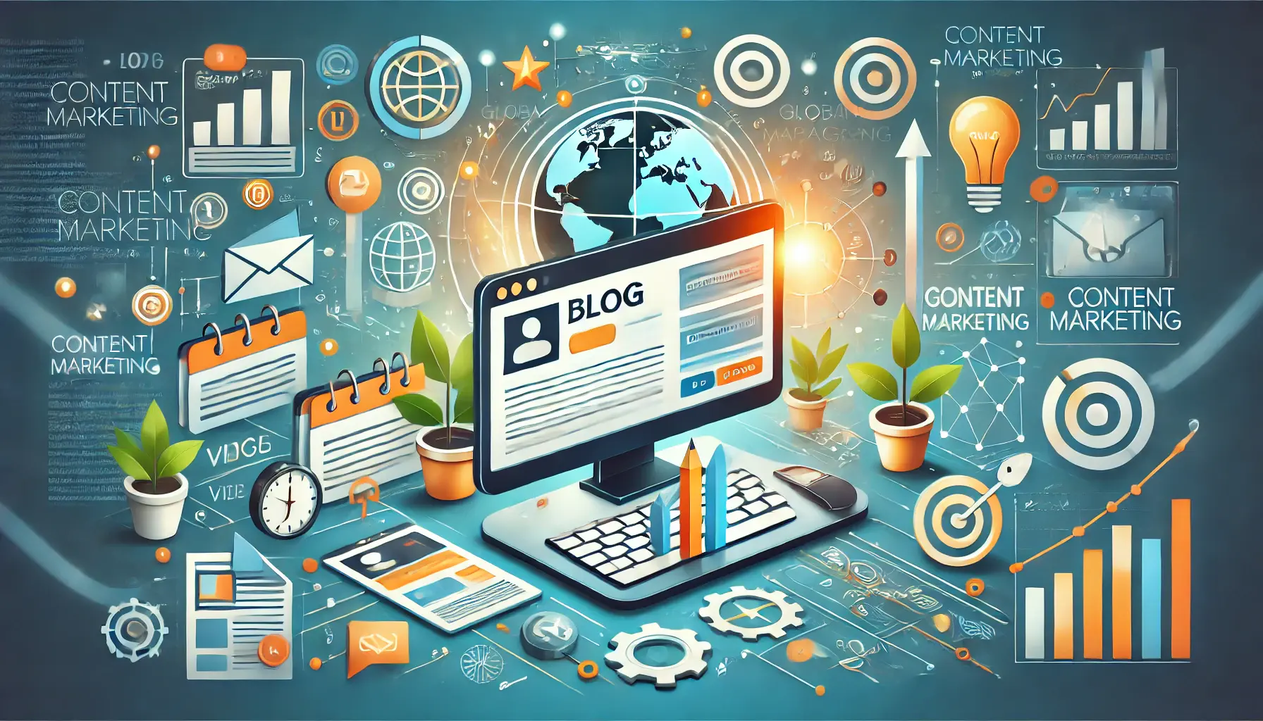 Illustration representing the process of building an online presence through content marketing, featuring a screen displaying a blog post, surrounded by icons representing different content types and a globe symbolizing global reach.