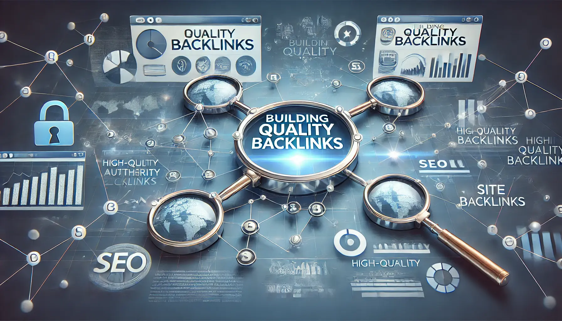 A representation of websites being linked together with arrows symbolizing backlinks, alongside SEO charts and network nodes for improving site authority.