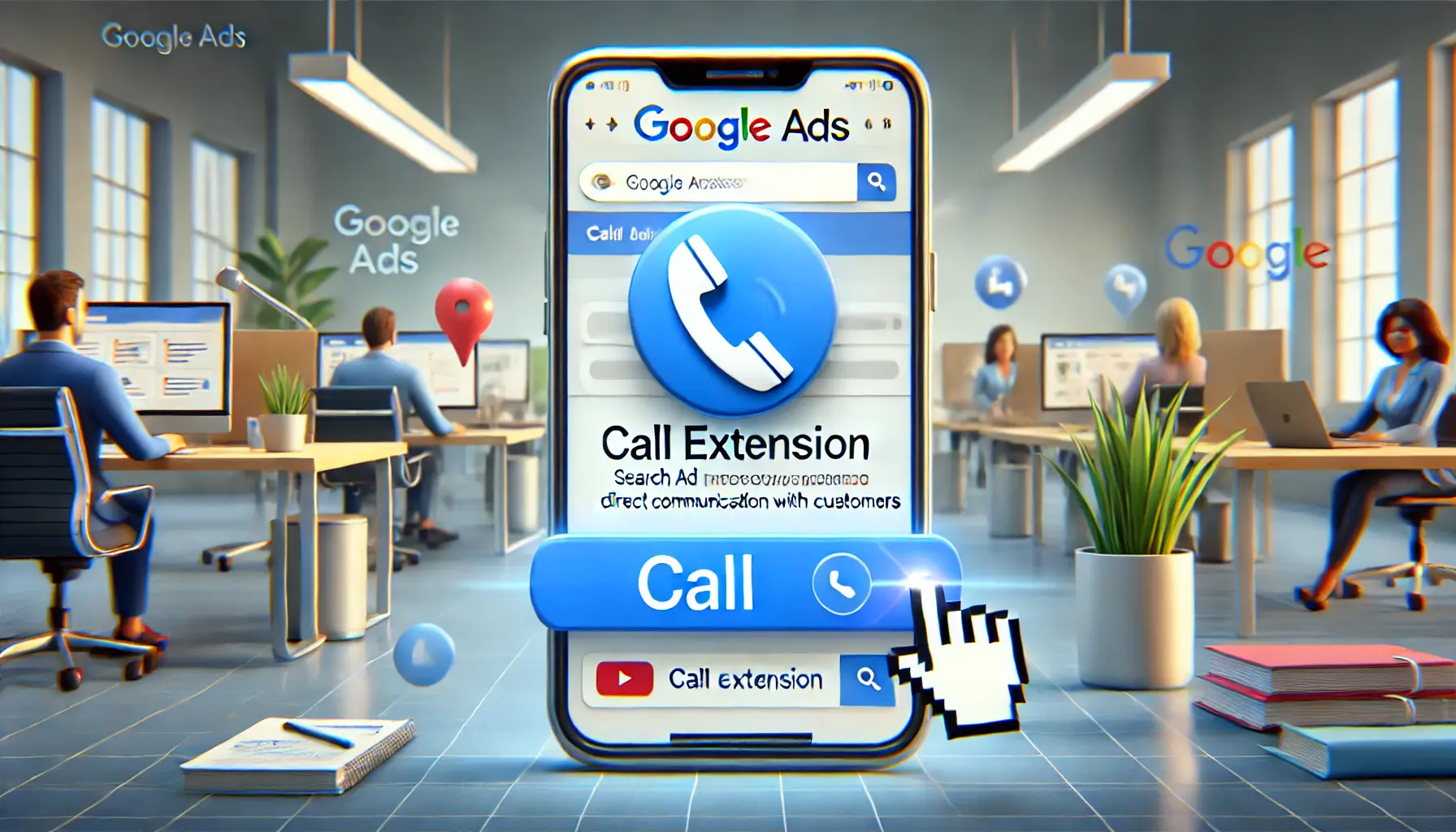 An illustration of call extensions in Google Ads showcasing direct communication features.