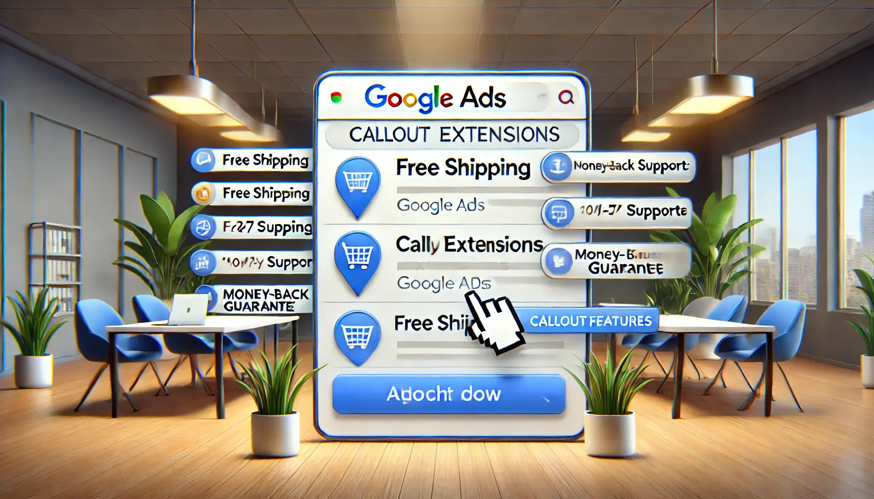 An illustration of callout extensions in Google Ads showcasing highlighted features.