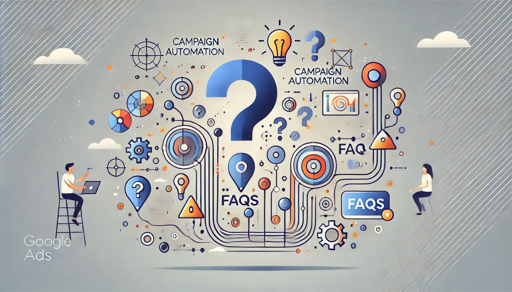 Abstract representation of FAQs in campaign automation with question marks, interconnected nodes, and flowing data lines symbolizing inquiry