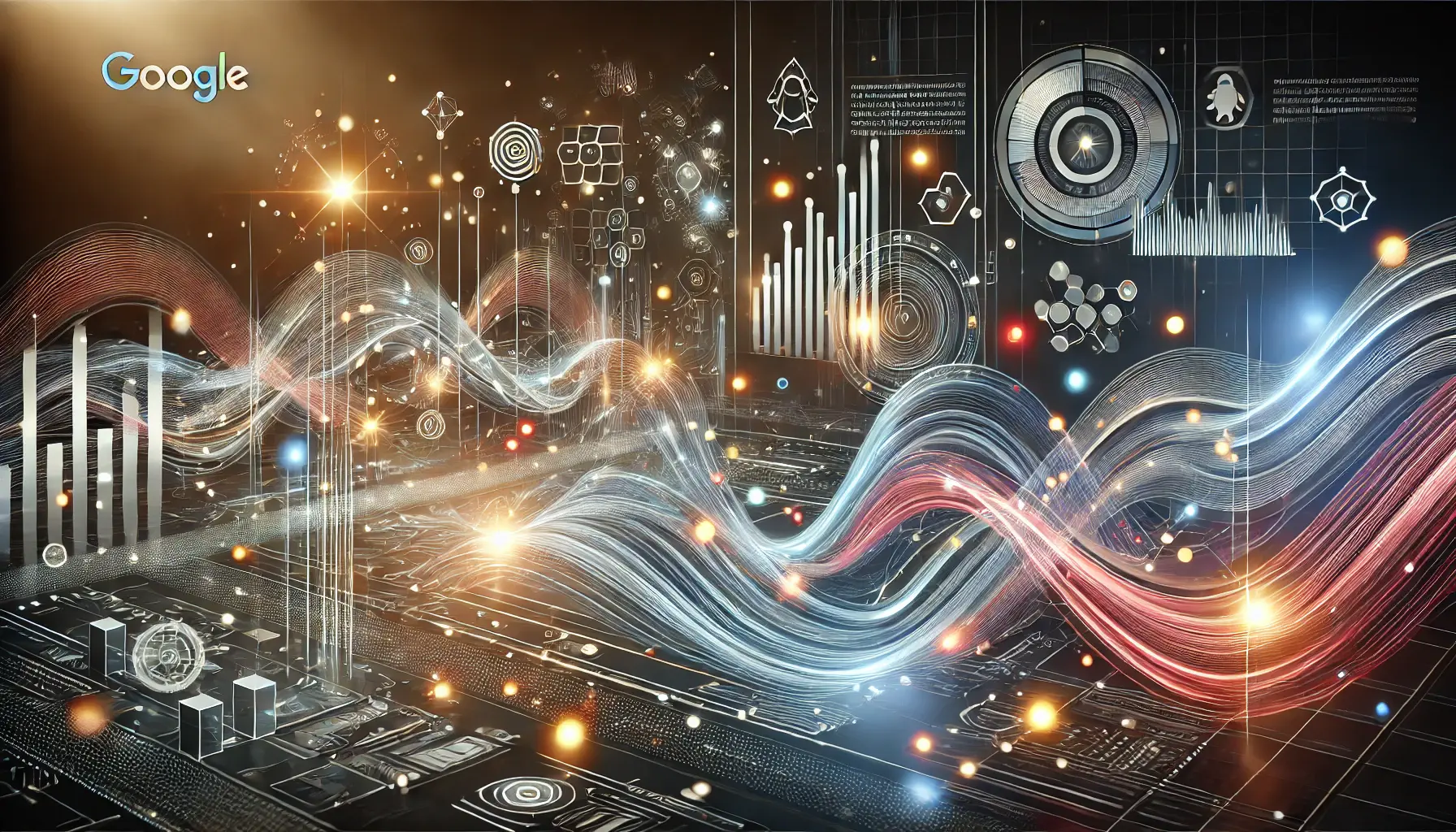 Abstract digital environment symbolizing campaign automation with data flow and interconnected pathways representing algorithms and machine learning