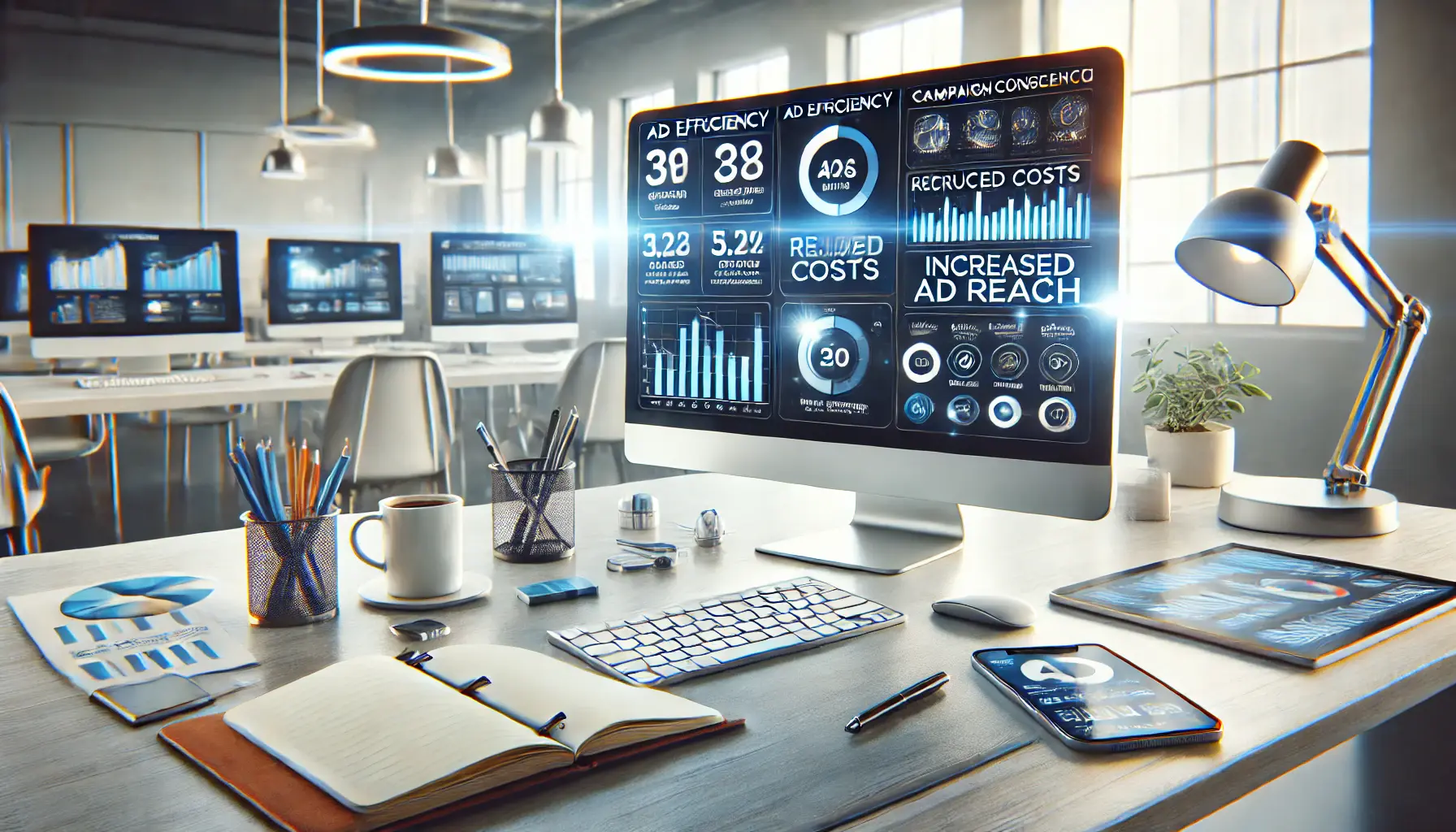 A clean digital marketing workspace featuring a computer displaying a well-organized ad management platform with metrics showing reduced costs and increased reach, symbolizing ad efficiency.