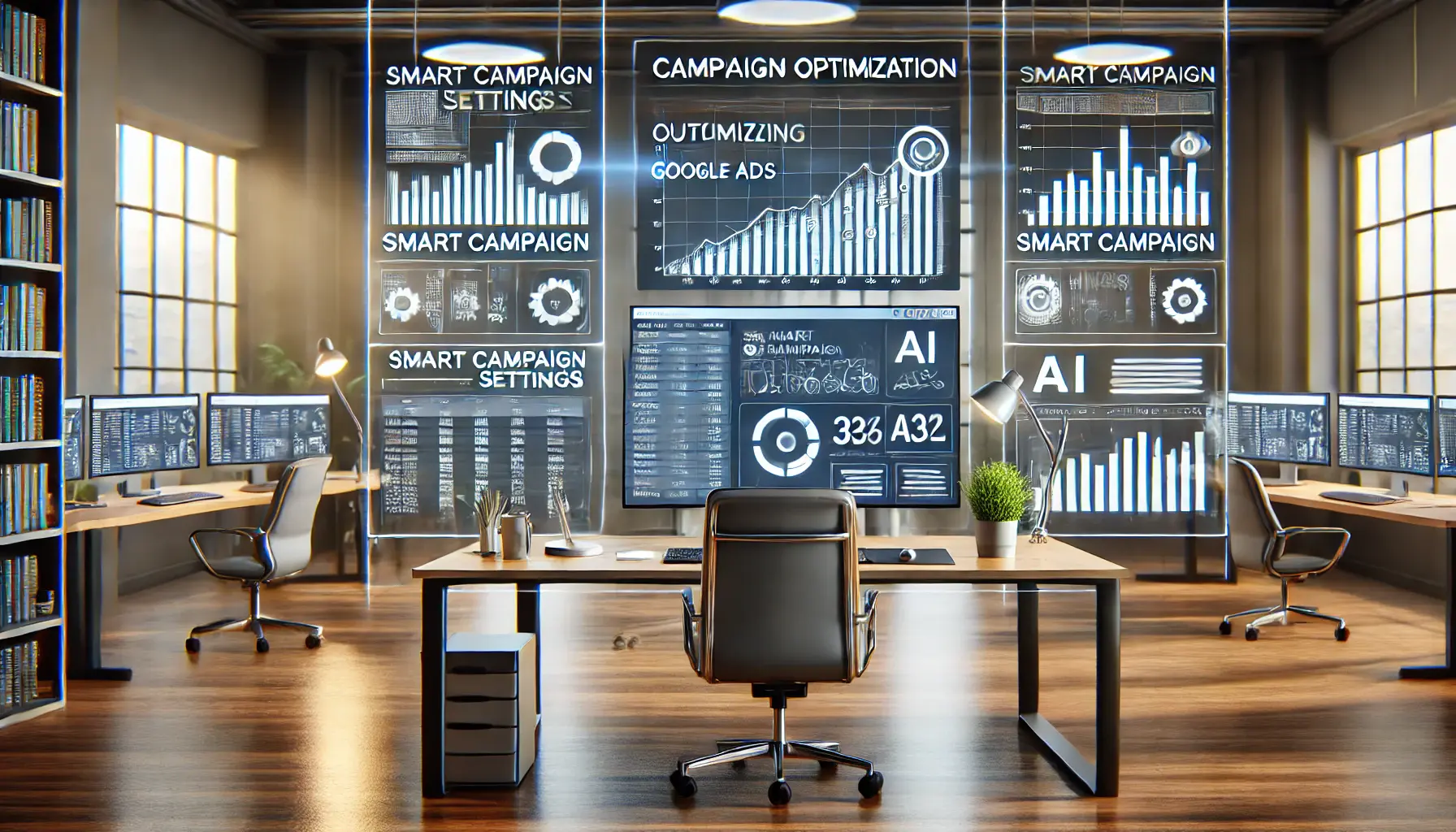 A professional workspace showing automated campaign optimization with real-time data adjustments and performance graphs in Google Ads.