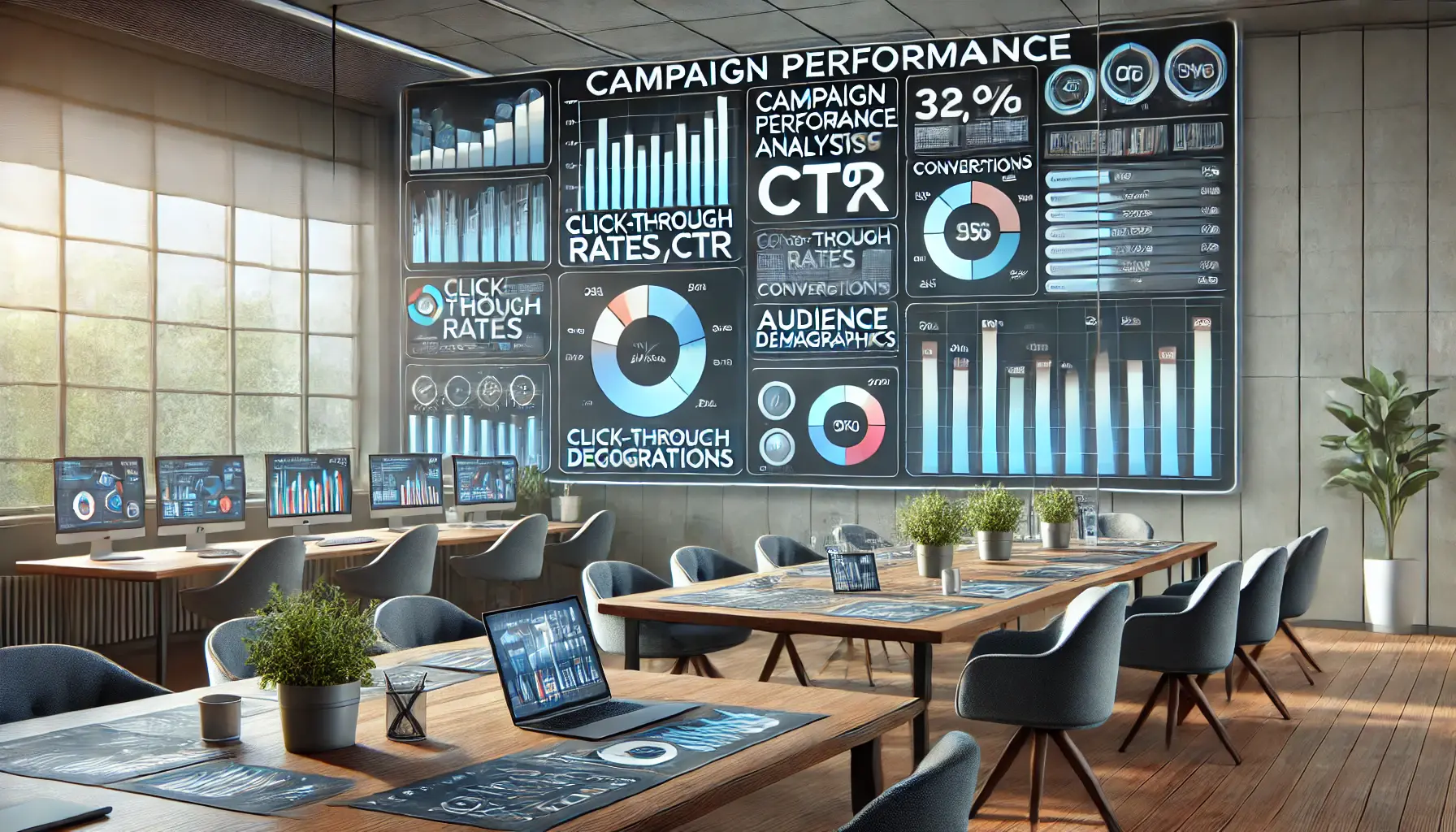 A digital marketing dashboard displaying campaign performance metrics like CTR, conversions, and audience demographics with colorful charts and graphs.