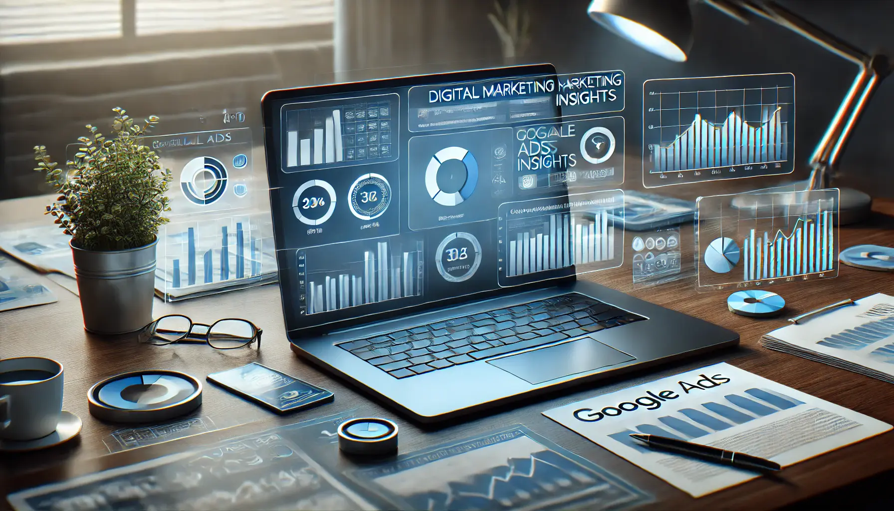 A professional image showing a laptop with a Google Ads dashboard, surrounded by charts and analytics icons, symbolizing campaign performance insights.