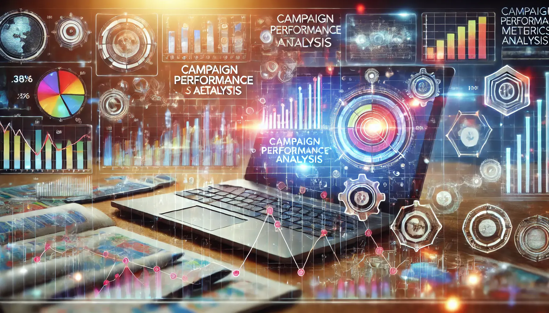 A visually appealing image representing campaign performance metrics analysis in digital advertising, featuring graphs, charts, and statistics.