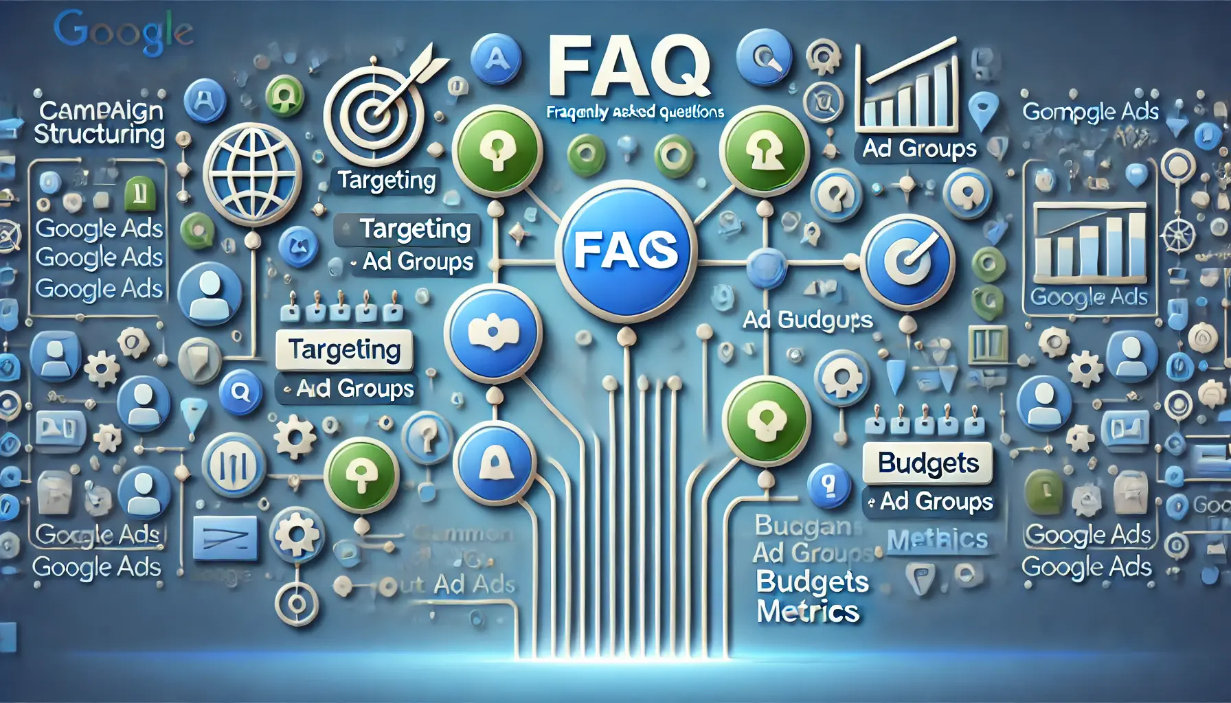 A visual representation of FAQs related to campaign structuring with interconnected icons for targeting, ad groups, budgets, and metrics.