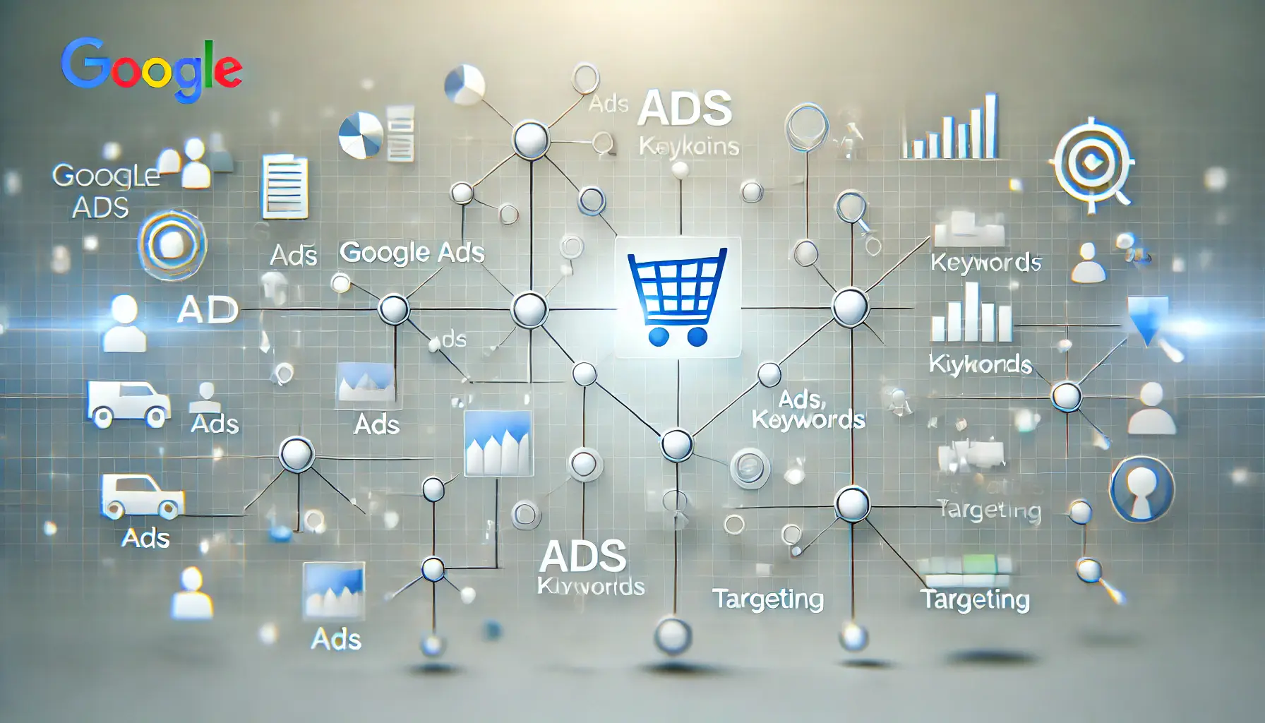 A visual representation of a structured digital advertising campaign with interconnected nodes symbolizing ads, keywords, and targeting components.