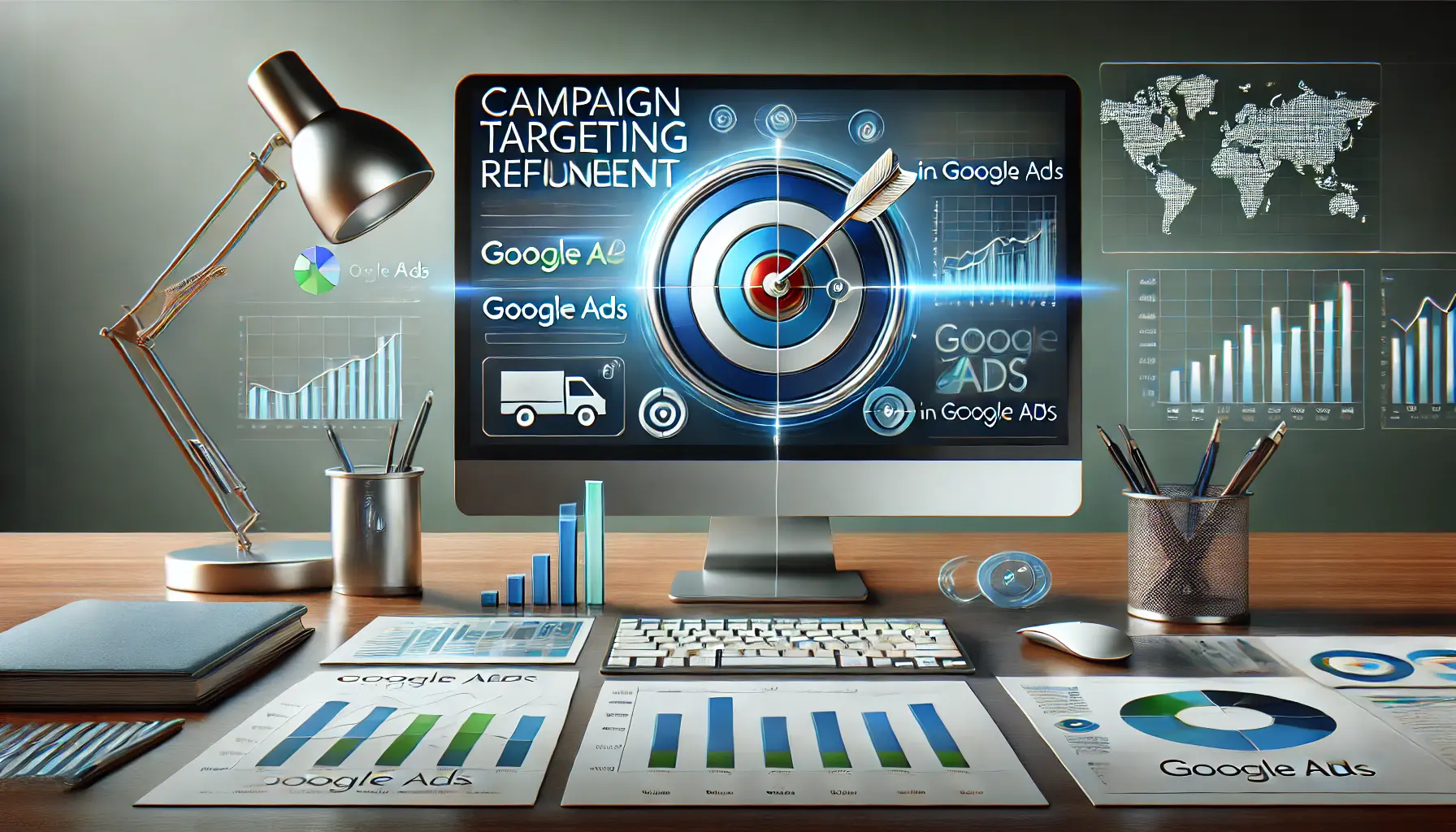 A professional-style image representing digital marketing, data analysis, and precise targeting for Google Ads campaigns.