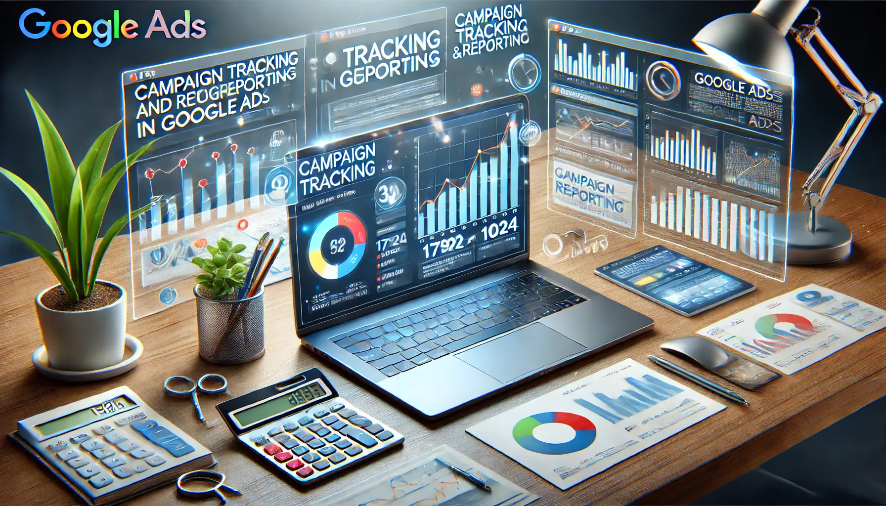 Digital marketing-themed image for Google Ads campaign tracking, featuring a desk setup with a laptop displaying a Google Ads dashboard with charts and analytics visuals.