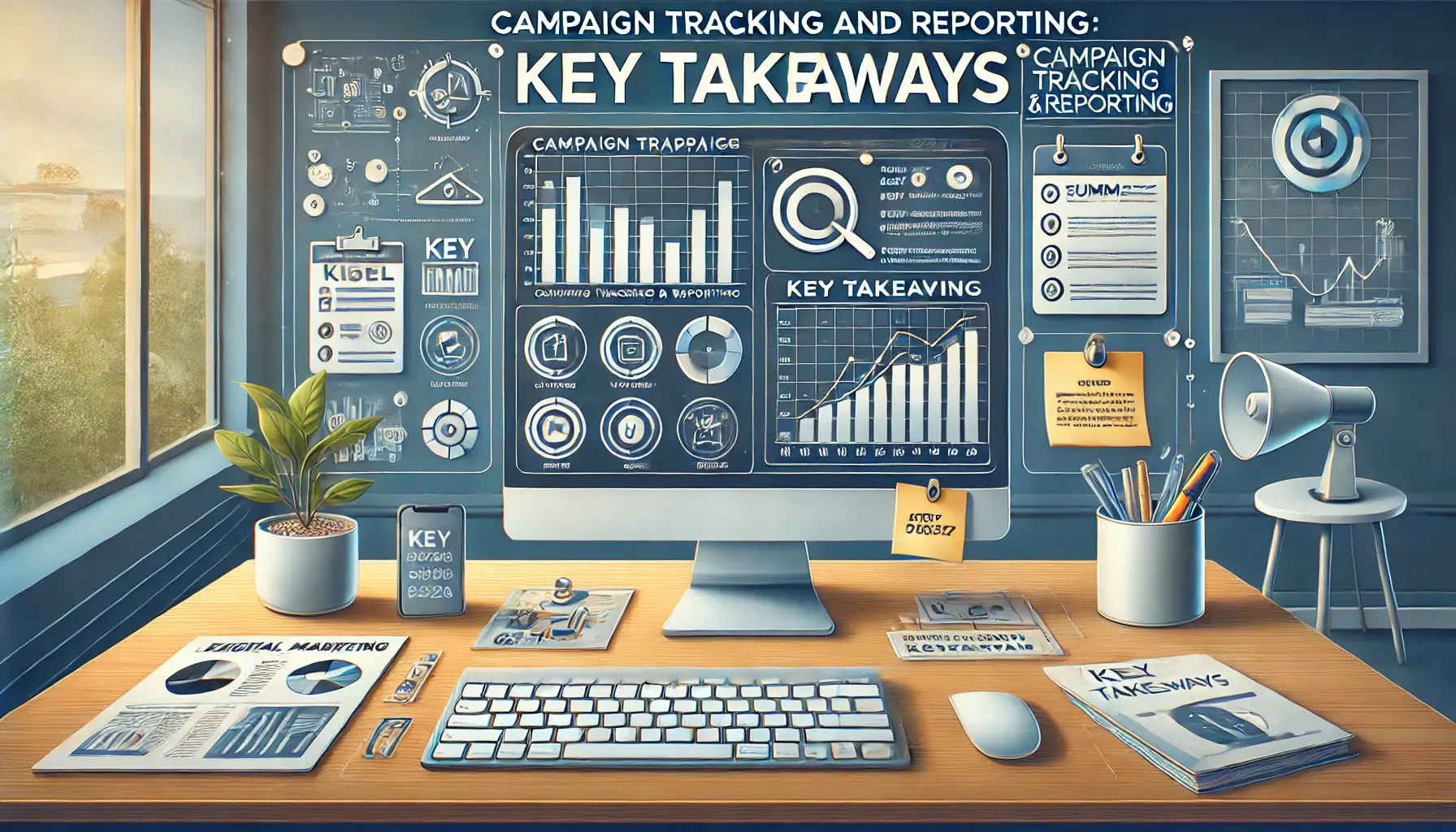 Image depicting a digital workspace with a computer showing a summary of key takeaways related to campaign tracking and reporting.