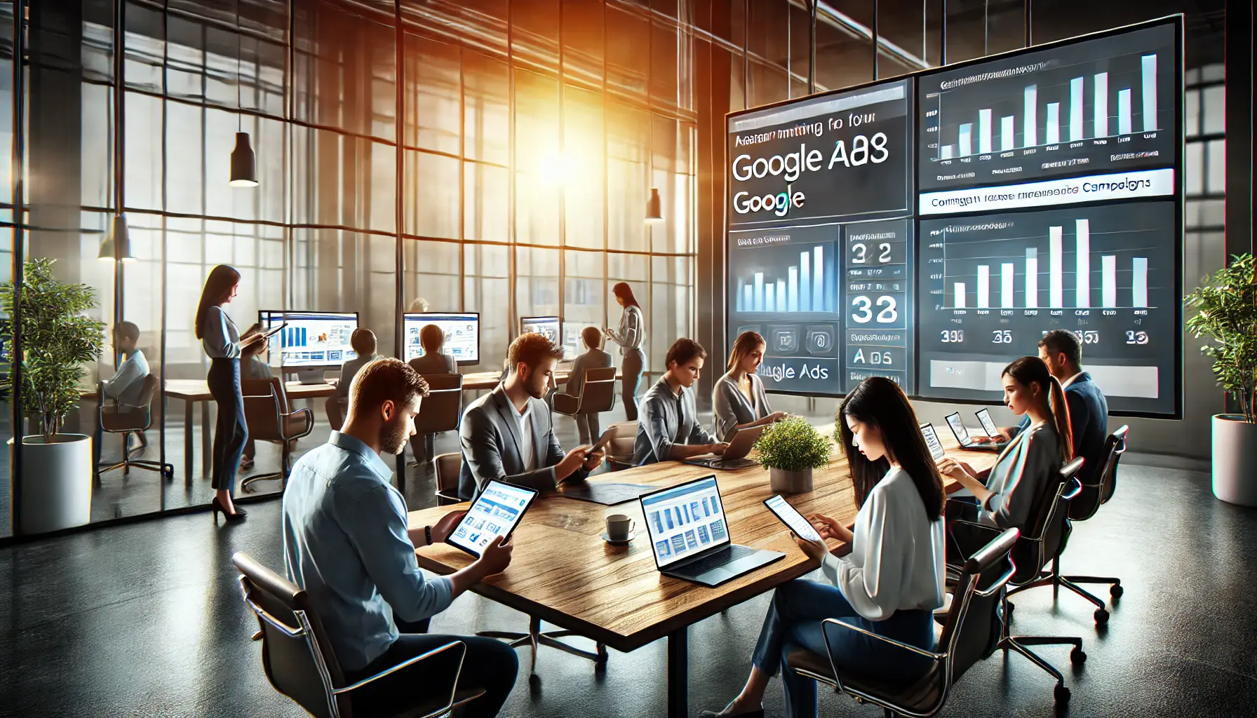 A modern office environment where professionals analyze Google Ads campaign performance.