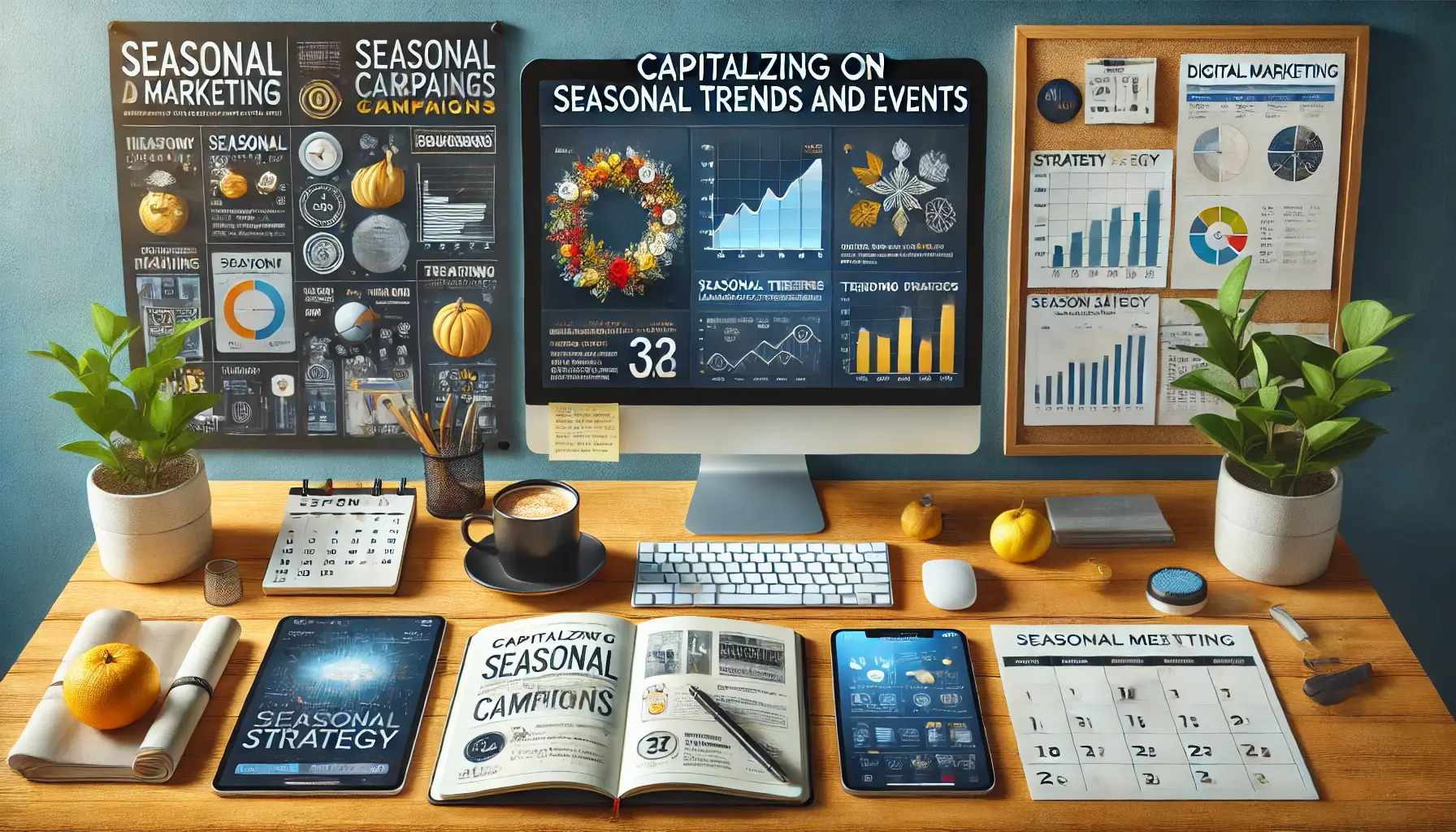 Digital marketing workspace with seasonal ad campaigns on a computer screen, a tablet with trend analytics, and a calendar highlighting key dates.