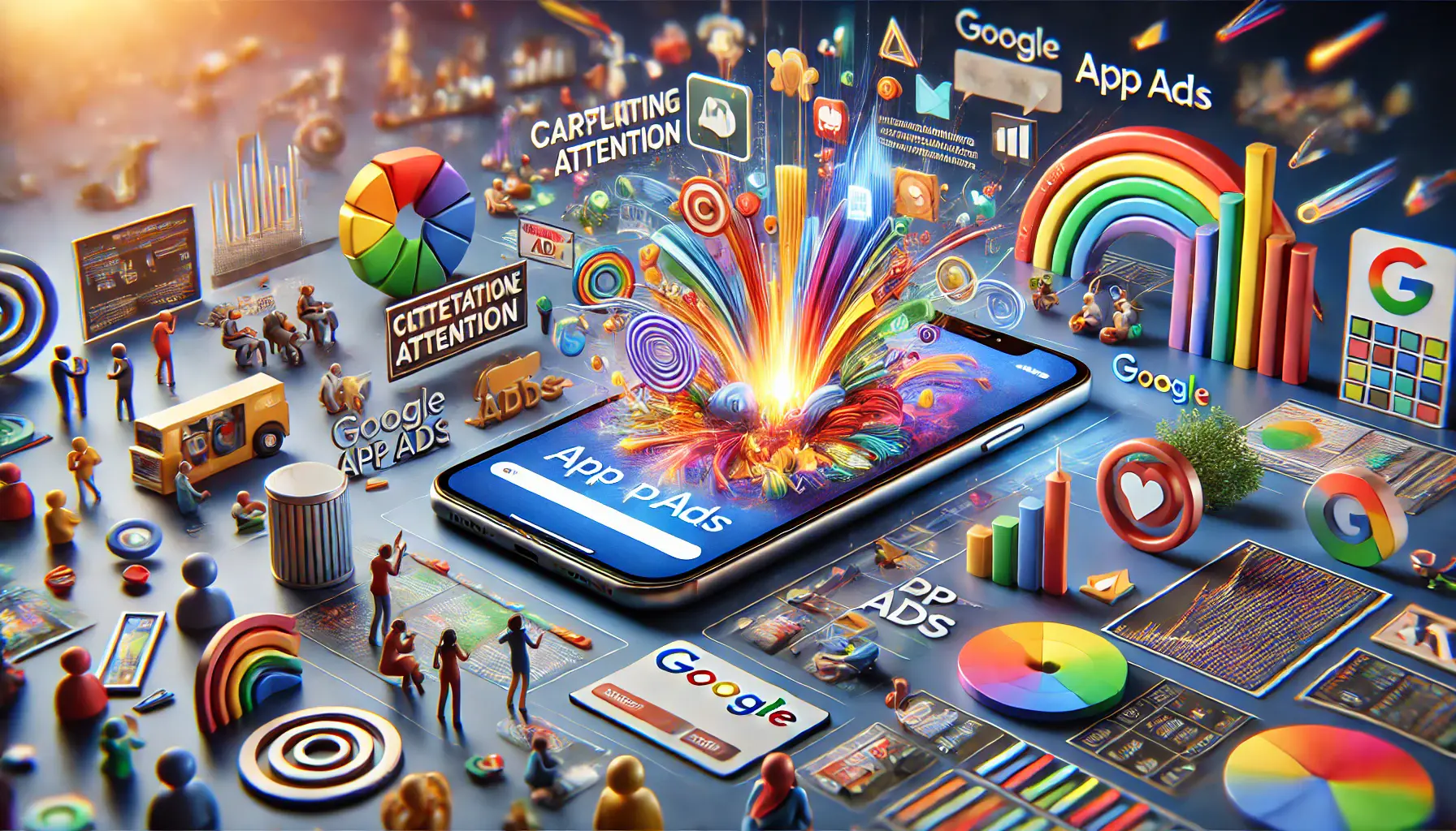 Smartphone displaying vibrant app ad surrounded by attention-grabbing elements in a competitive digital marketing environment