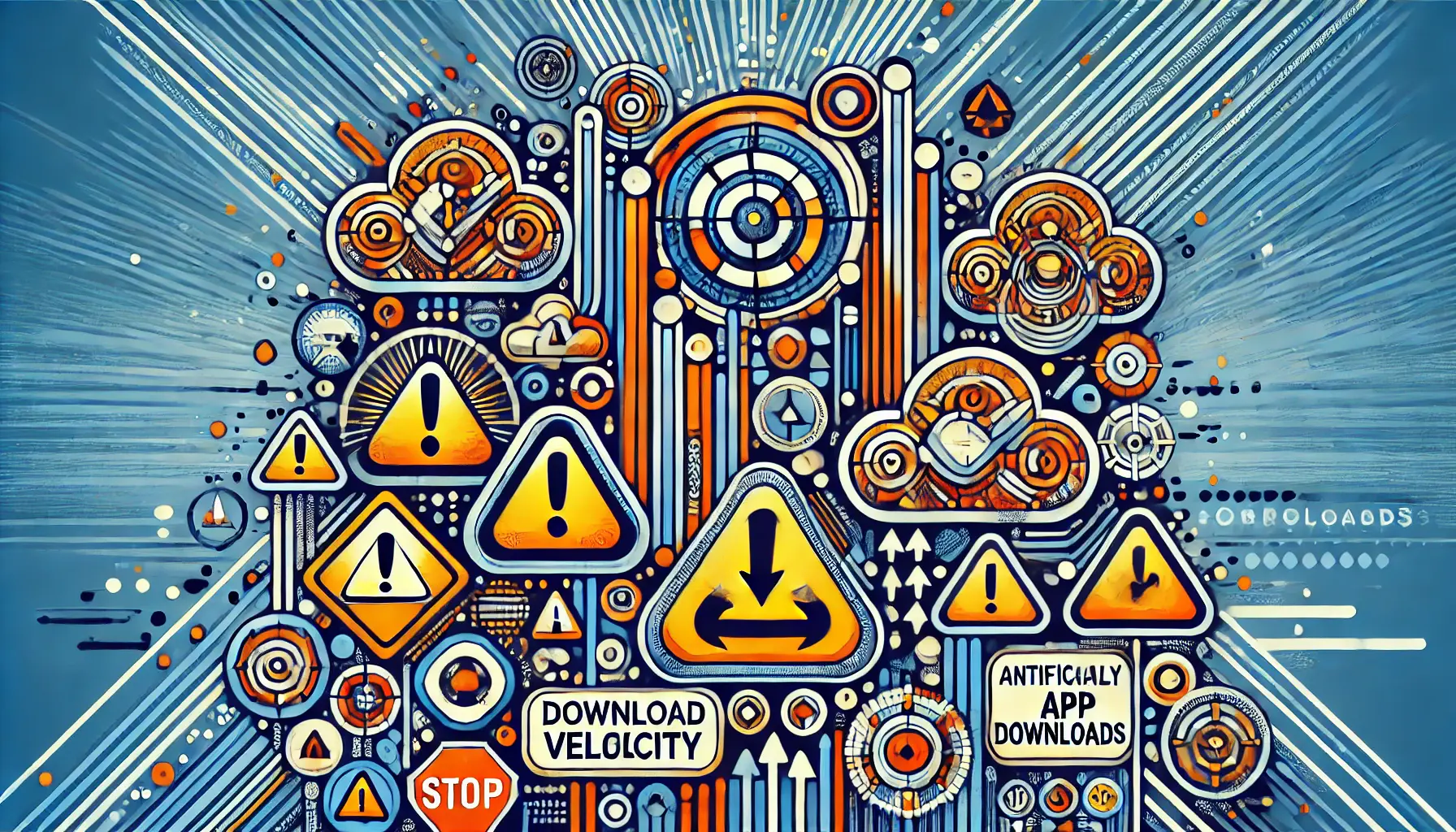 Abstract visualization of risks and instability in download velocity manipulation, featuring broken progress bars and cautionary symbols.