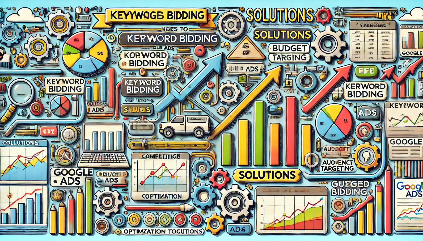 A detailed digital marketing illustration depicting challenges and solutions to keyword bidding, featuring obstacles and upward trend charts.