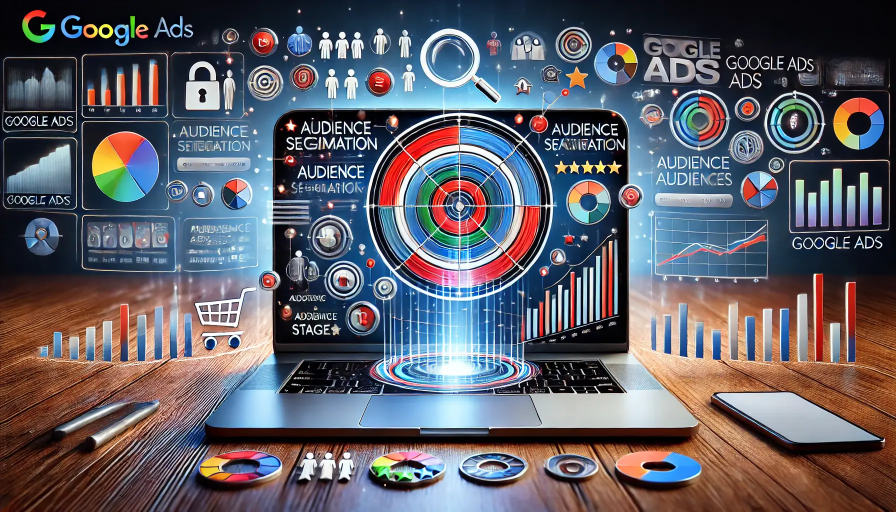 Digital marketing image showing a laptop with audience segmentation interface, highlighting challenges in targeting diverse consideration stage audiences with overlapping circles and various icons like pricing tags and review stars.