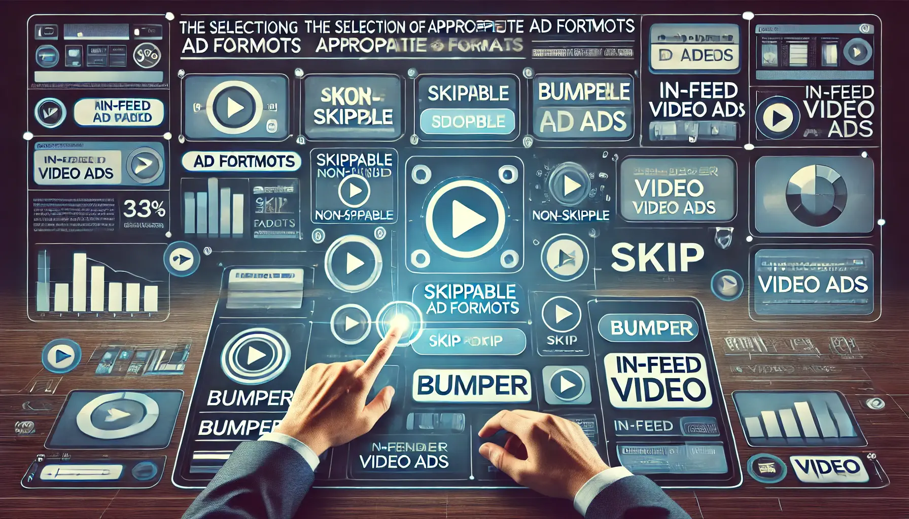 Marketer analyzing different video ad formats such as skippable, non-skippable, bumper, and in-feed on a digital dashboard