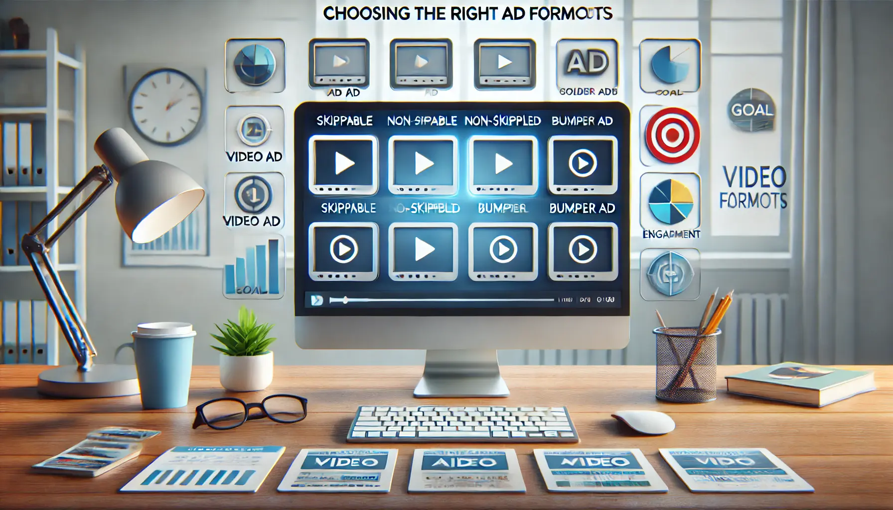 Workspace with a computer displaying ad platform options for different ad formats, surrounded by icons representing video ads and engagement metrics.