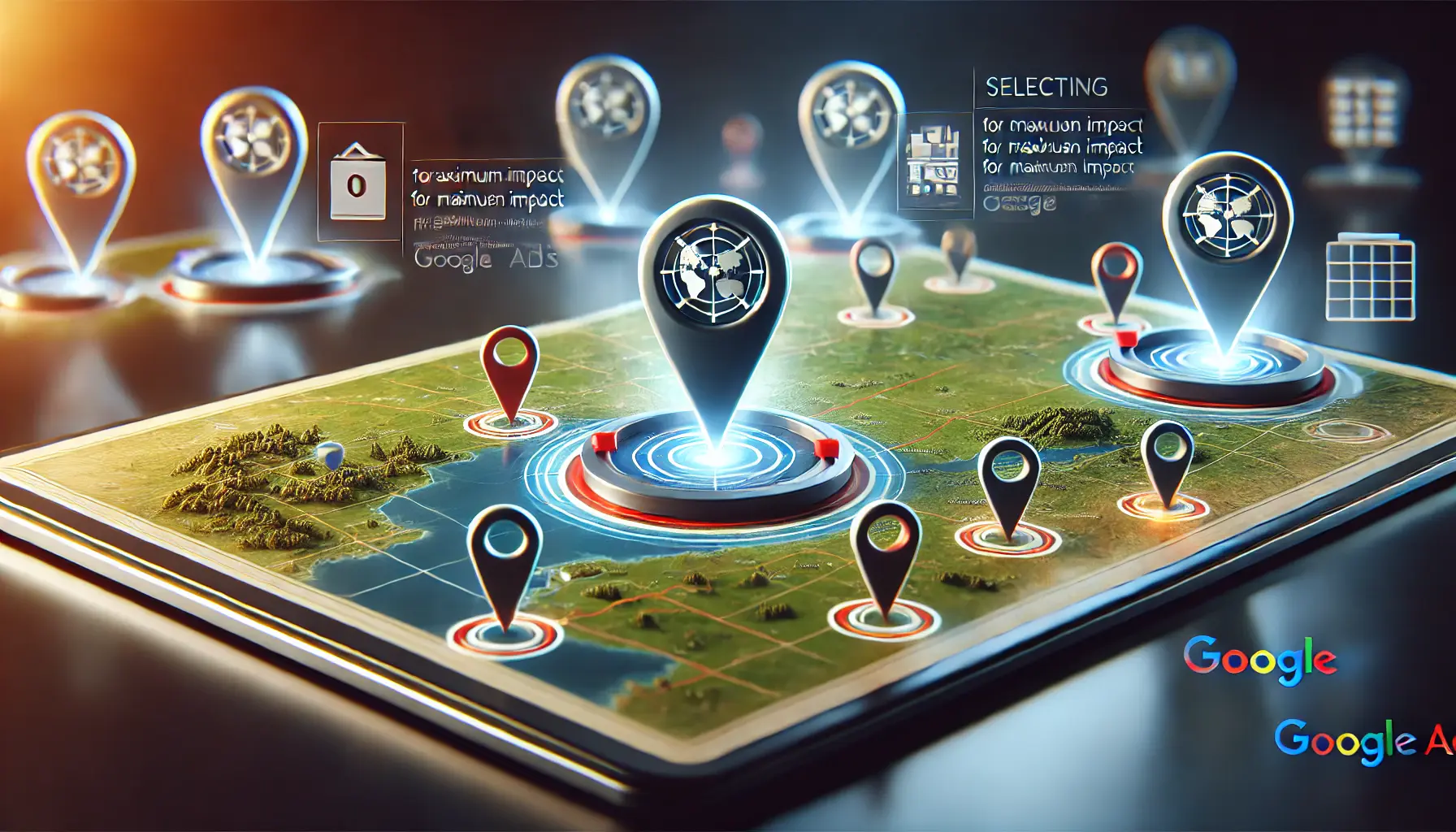 A map with highlighted regions and location markers representing strategic decision-making for location-based targeting in Google Ads