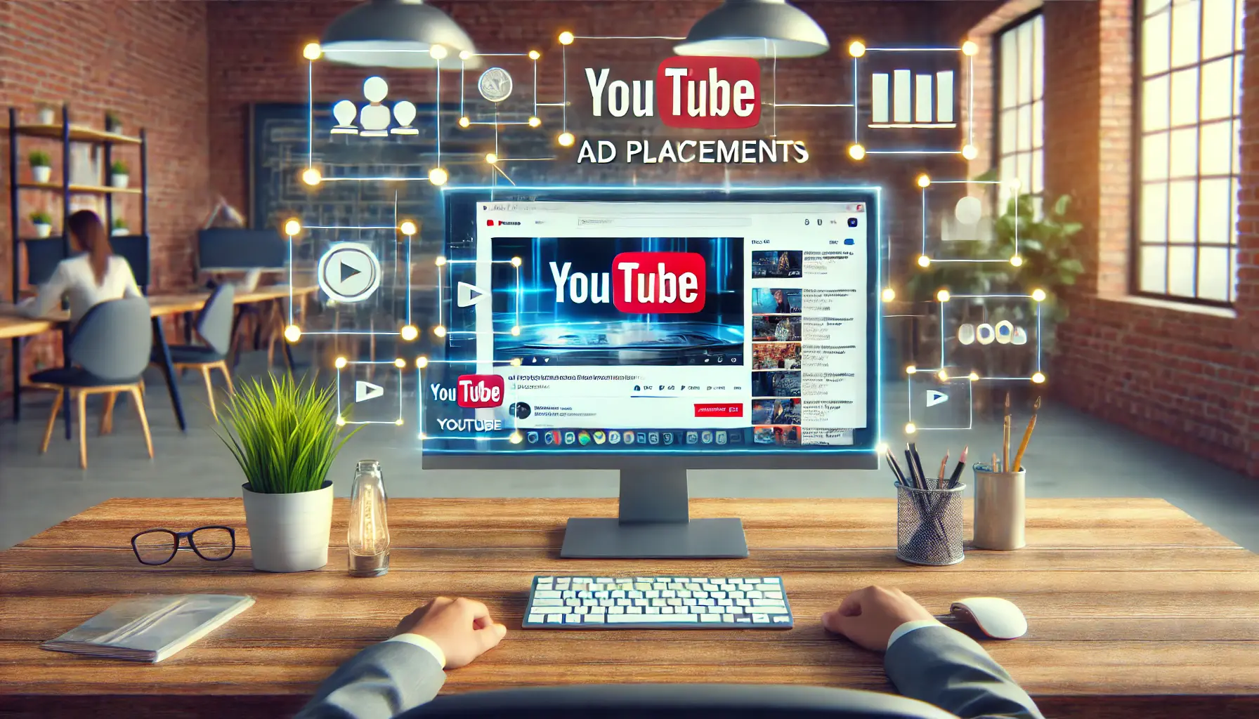 Computer screen displaying a YouTube interface with highlighted ad placement options, analyzed by a marketing professional in a modern workspace.