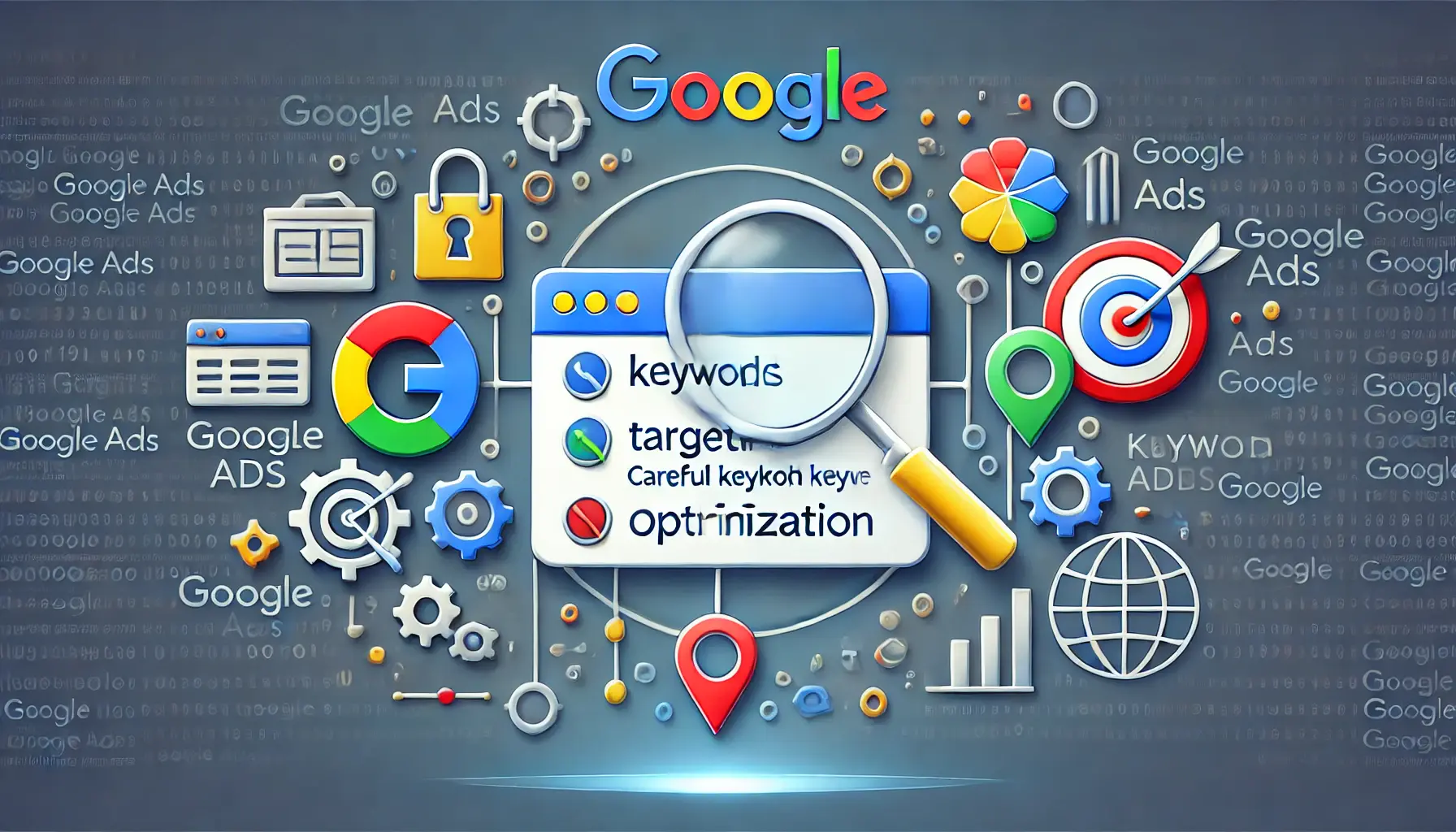 Image depicting the selection and optimization of keywords with search bar, targeting, and optimization icons.