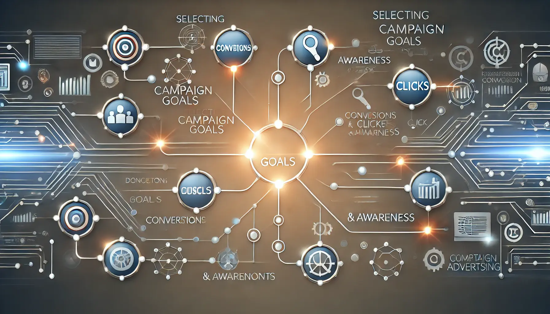 Abstract representation of choosing campaign goals with interconnected pathways leading to various focal points symbolizing strategic objectives