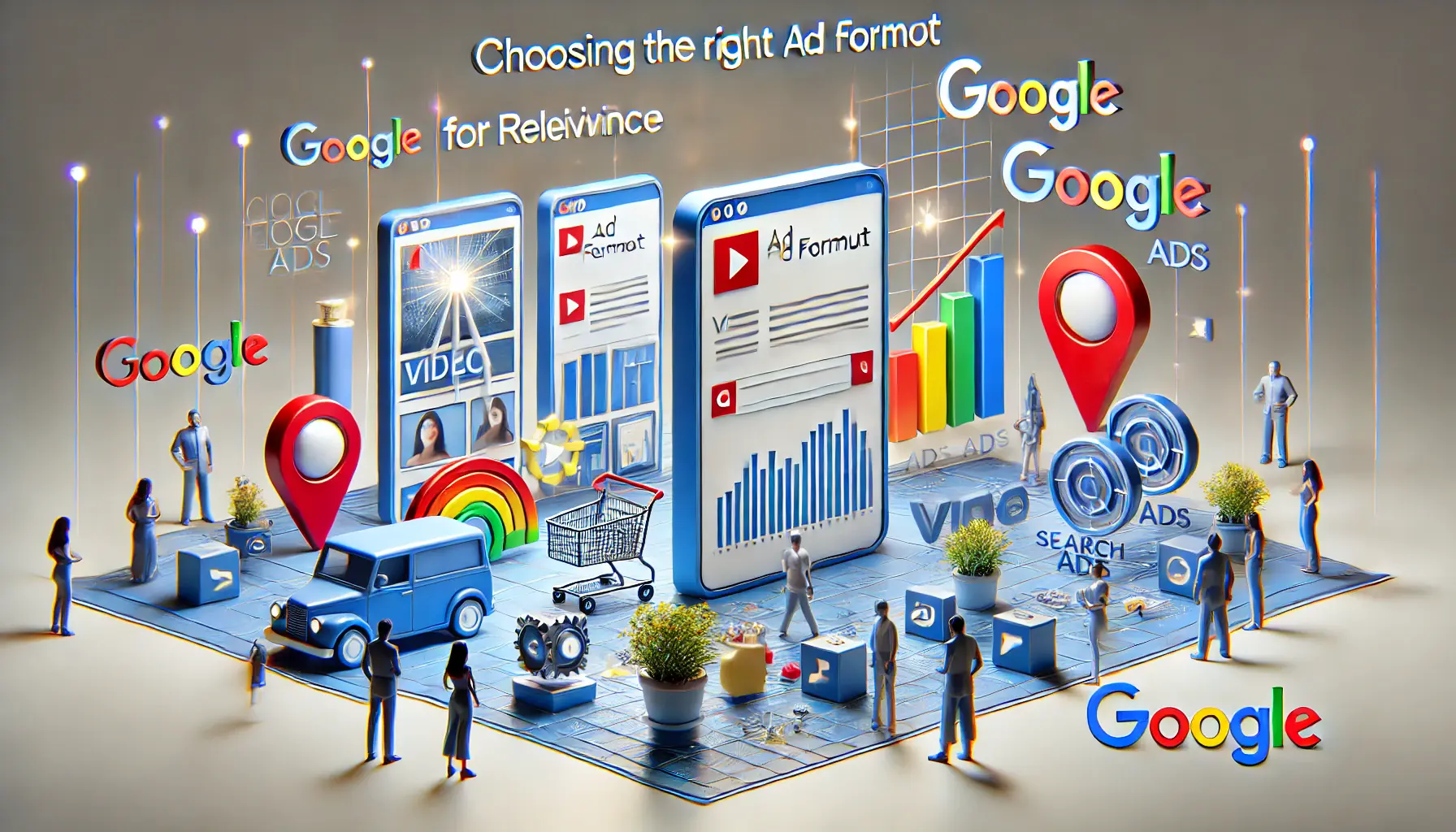 Image illustrating various ad formats like video, image, and search ads to enhance relevance.