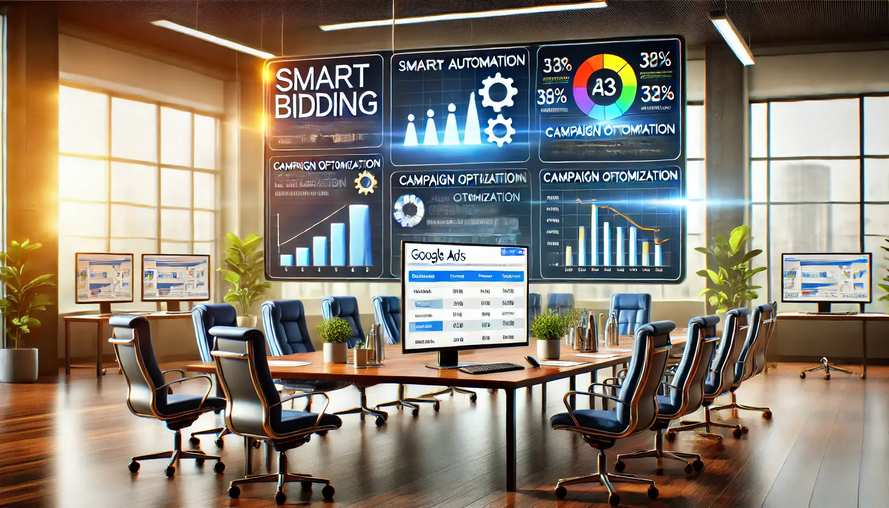 A professional workspace displaying various automation tool options in Google Ads, with performance data and graphs helping guide decision-making.