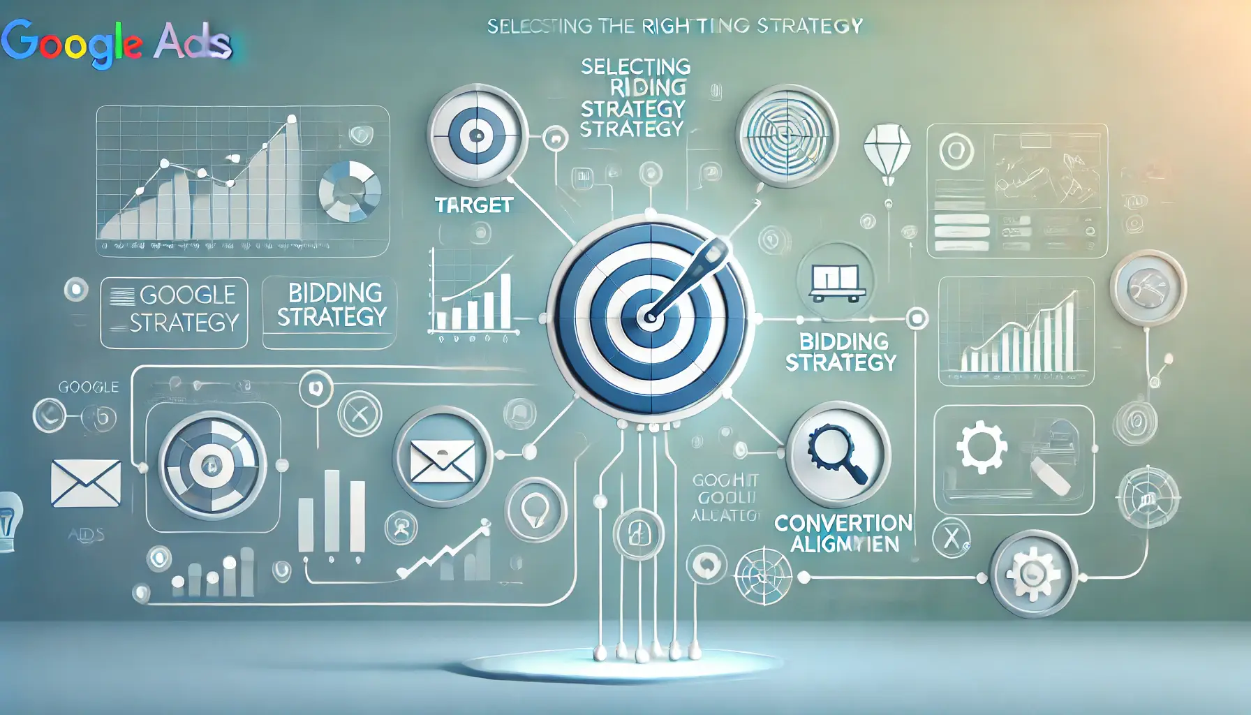 A visual representation of different bidding strategy icons like target, graph, and conversion, connected in a structured way.