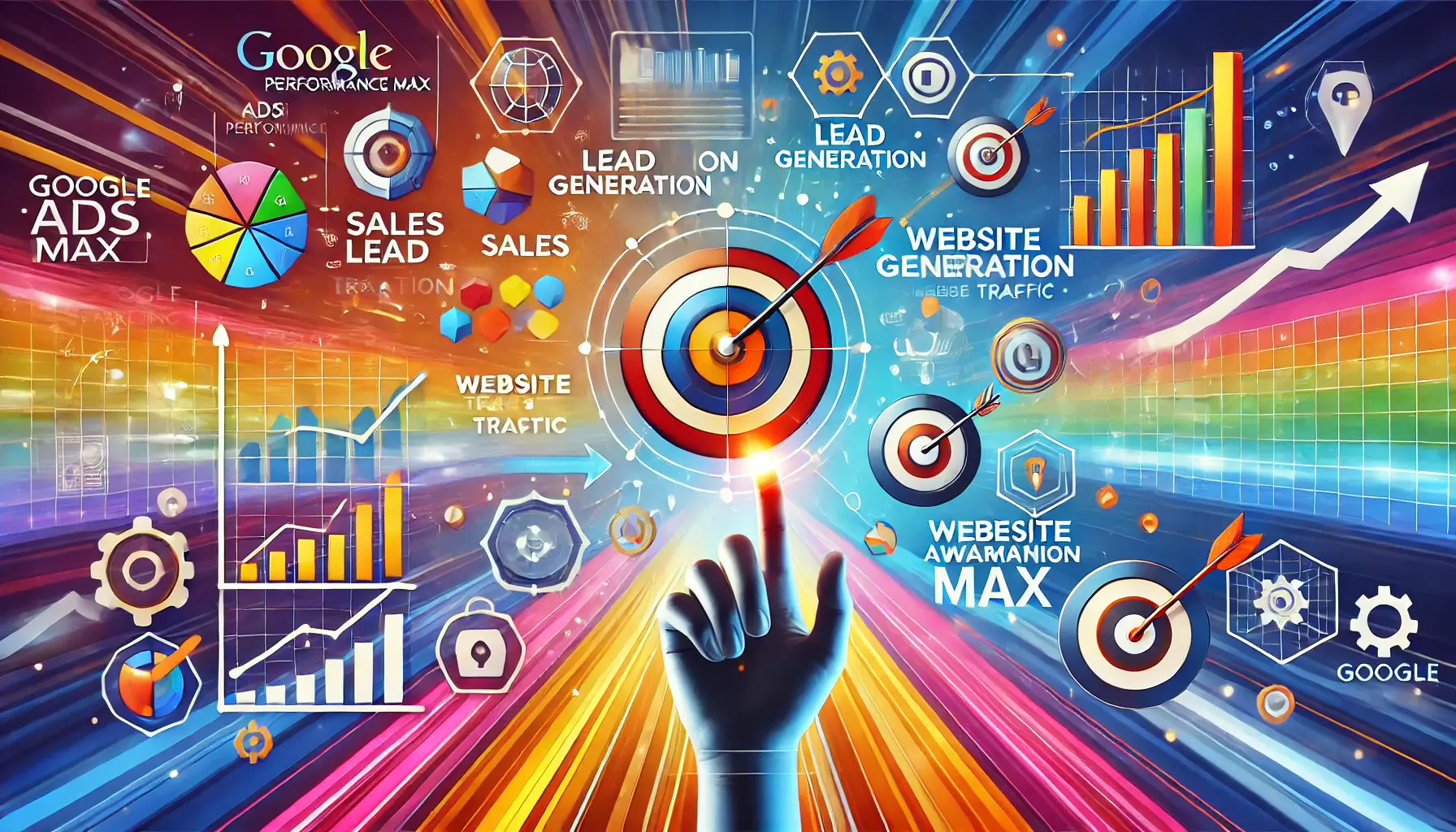 An image symbolizing decision-making in choosing the right campaign objectives, featuring goals like sales, lead generation, and traffic with abstract target icons and growth charts.