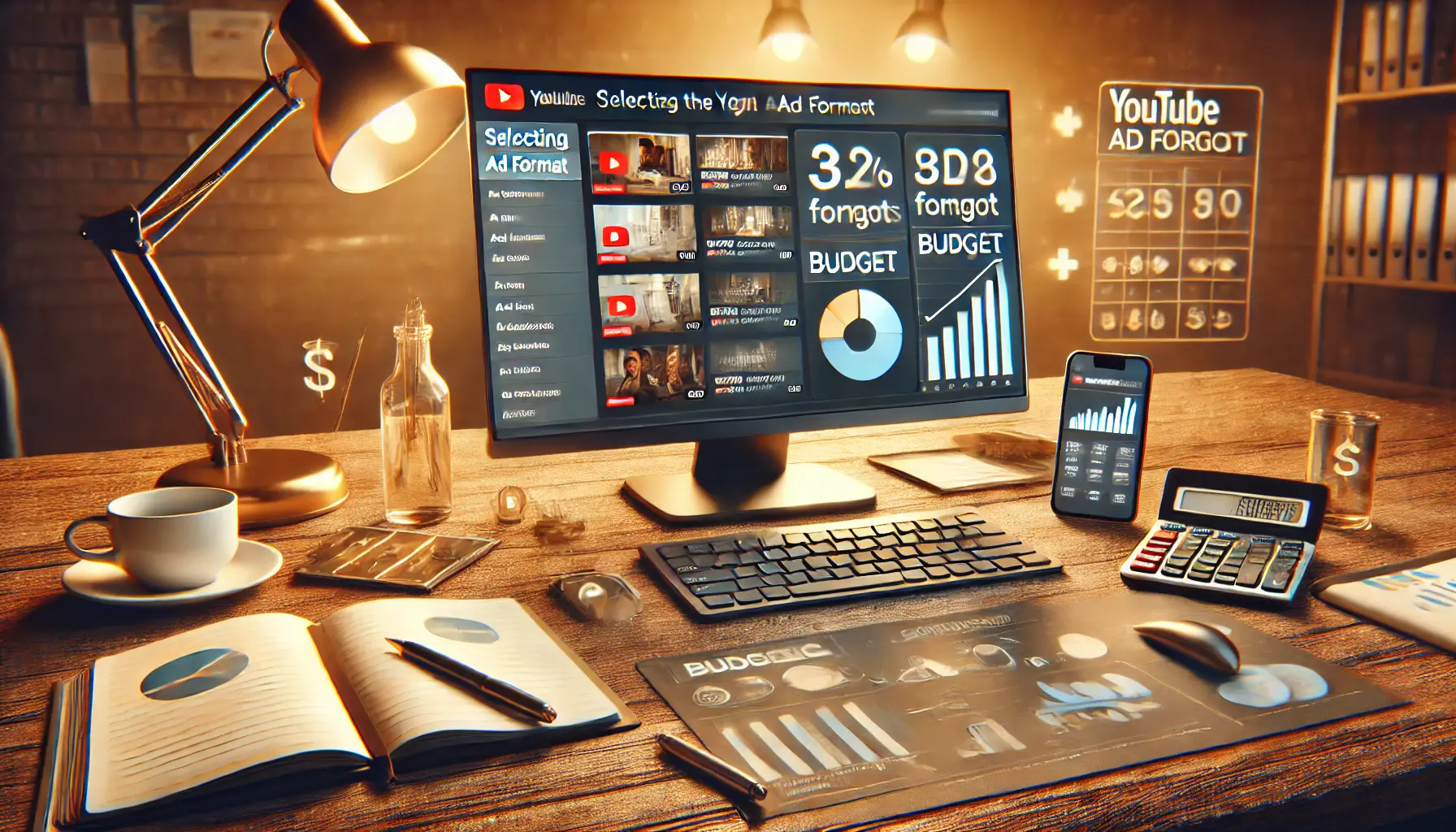 A realistic image of a workspace with a computer displaying YouTube ad format options and budget settings, symbolizing strategic format selection based on budget goals.