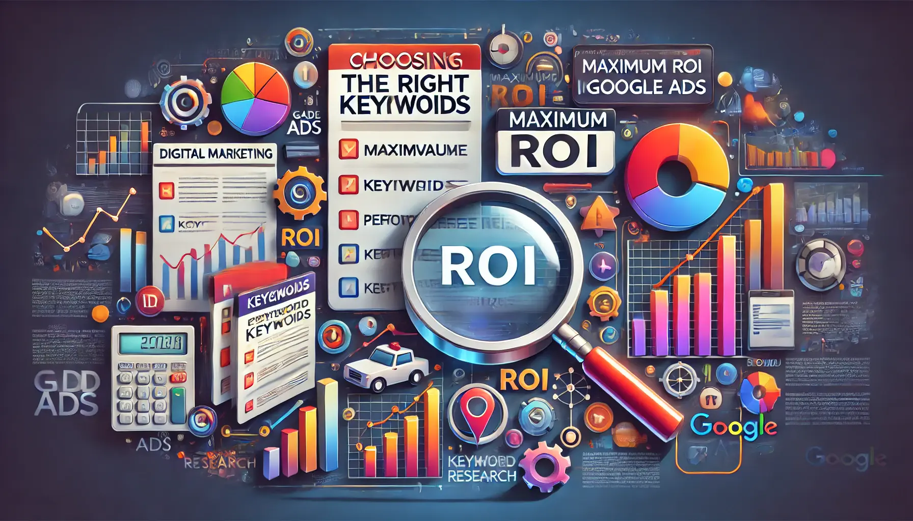 A creative digital marketing illustration focusing on selecting the right keywords for maximum ROI, featuring a magnifying glass and performance graphs.