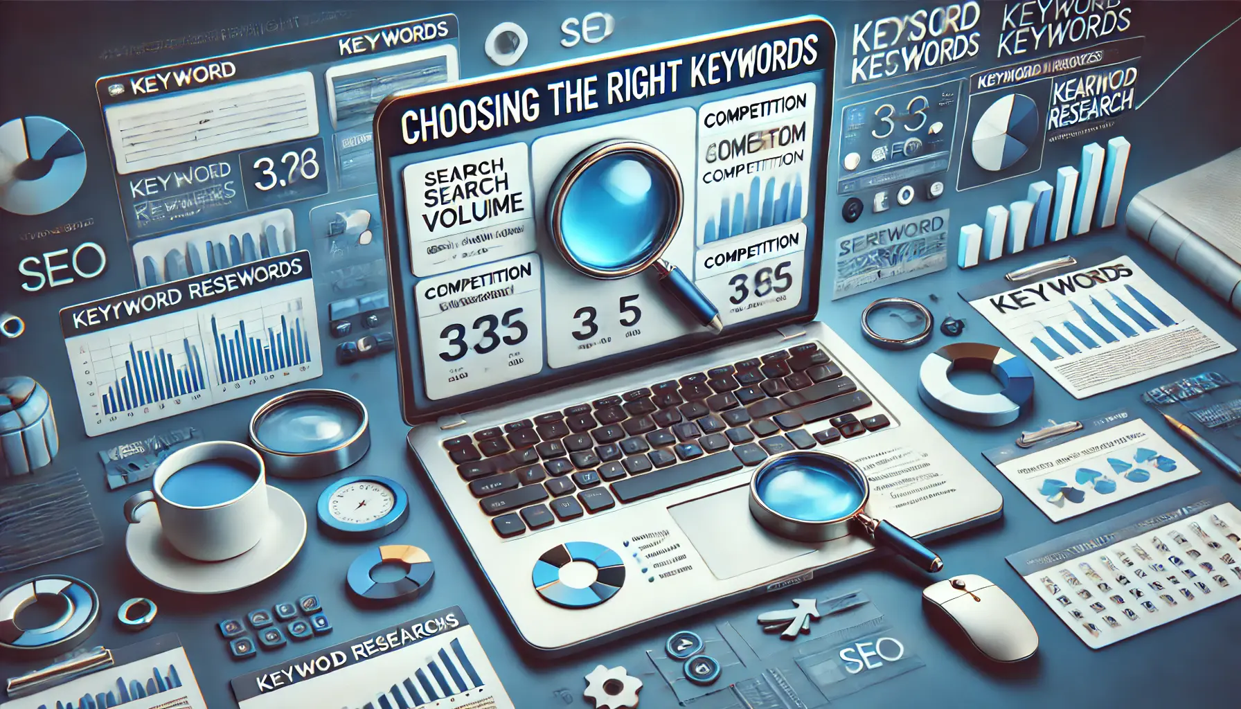 A laptop with a keyword research tool open, showing search volume, competition, and related keywords with symbols like charts and magnifying glasses, representing keyword optimization.