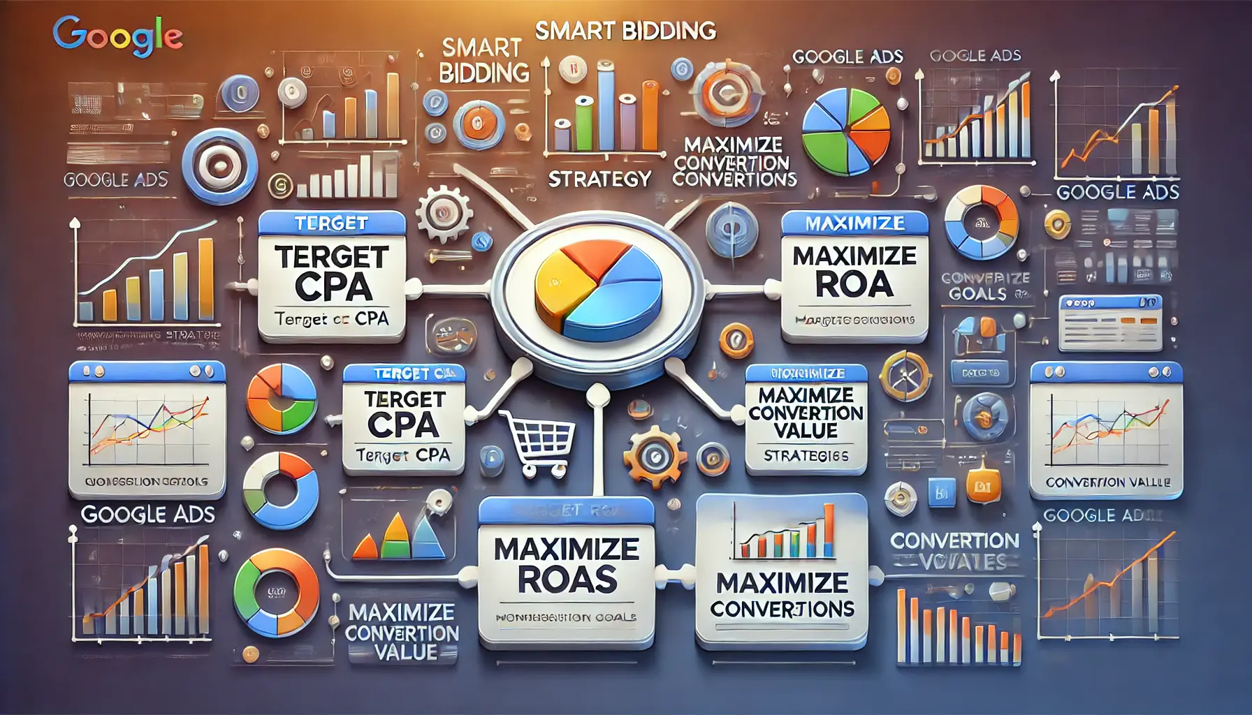 Illustration of choosing the right Smart Bidding strategy for advertising goals in Google Ads, showing various decision pathways.