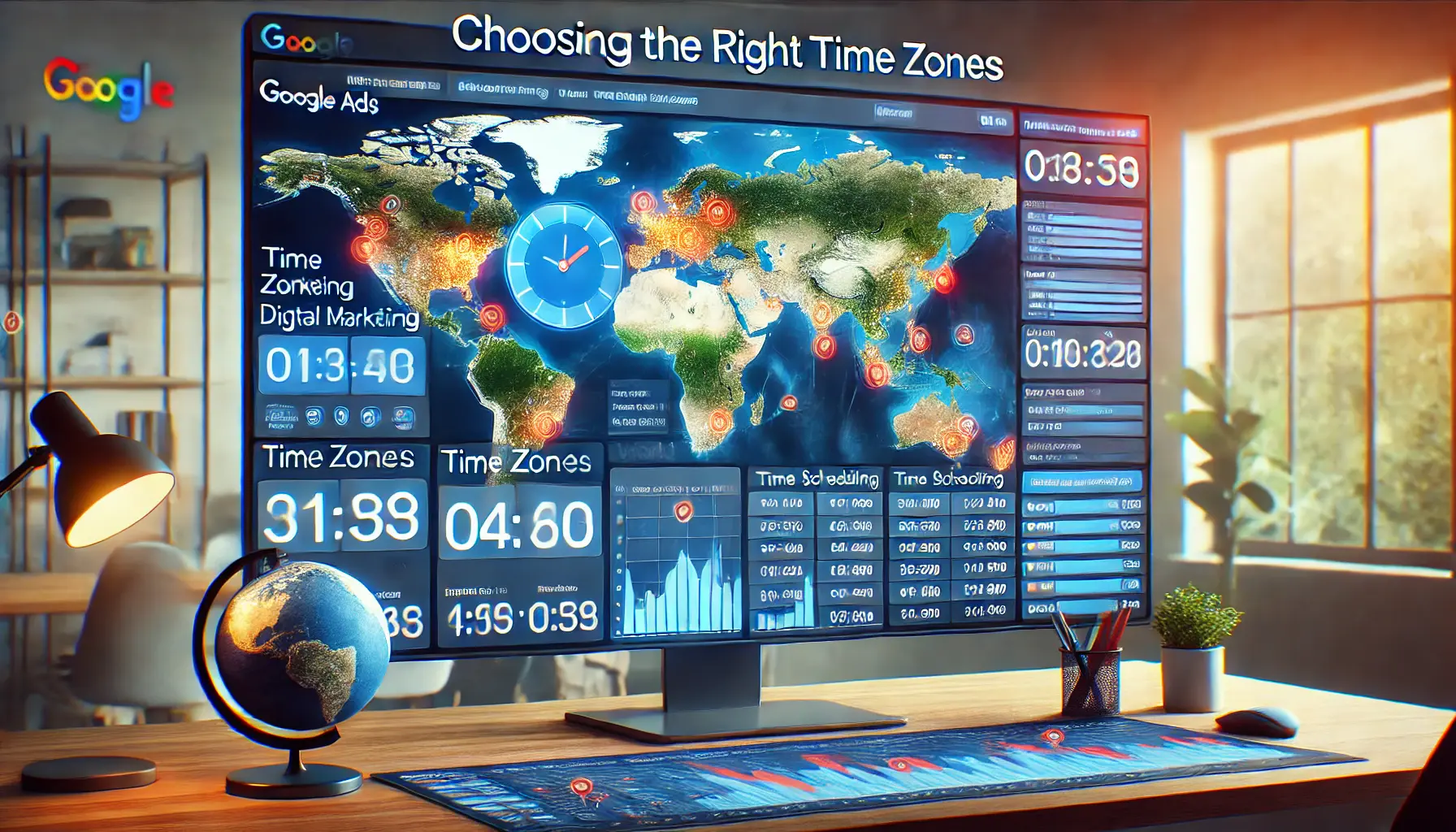 A digital marketing dashboard showing world maps and time zone settings being adjusted for ad campaigns in different regions.