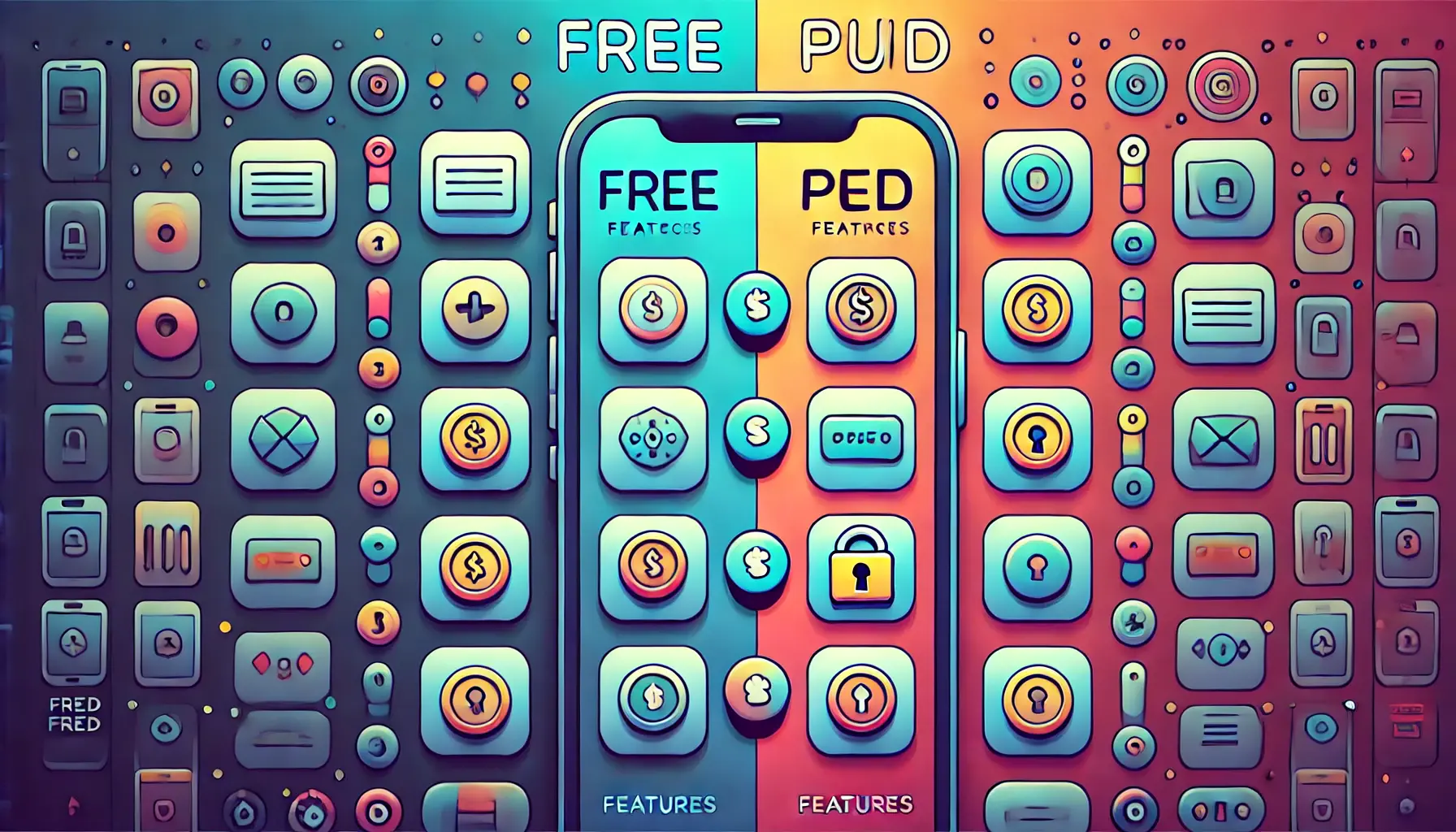 Digital illustration showing a mobile interface with distinct sections for free and paid features, using icons to represent the differences.