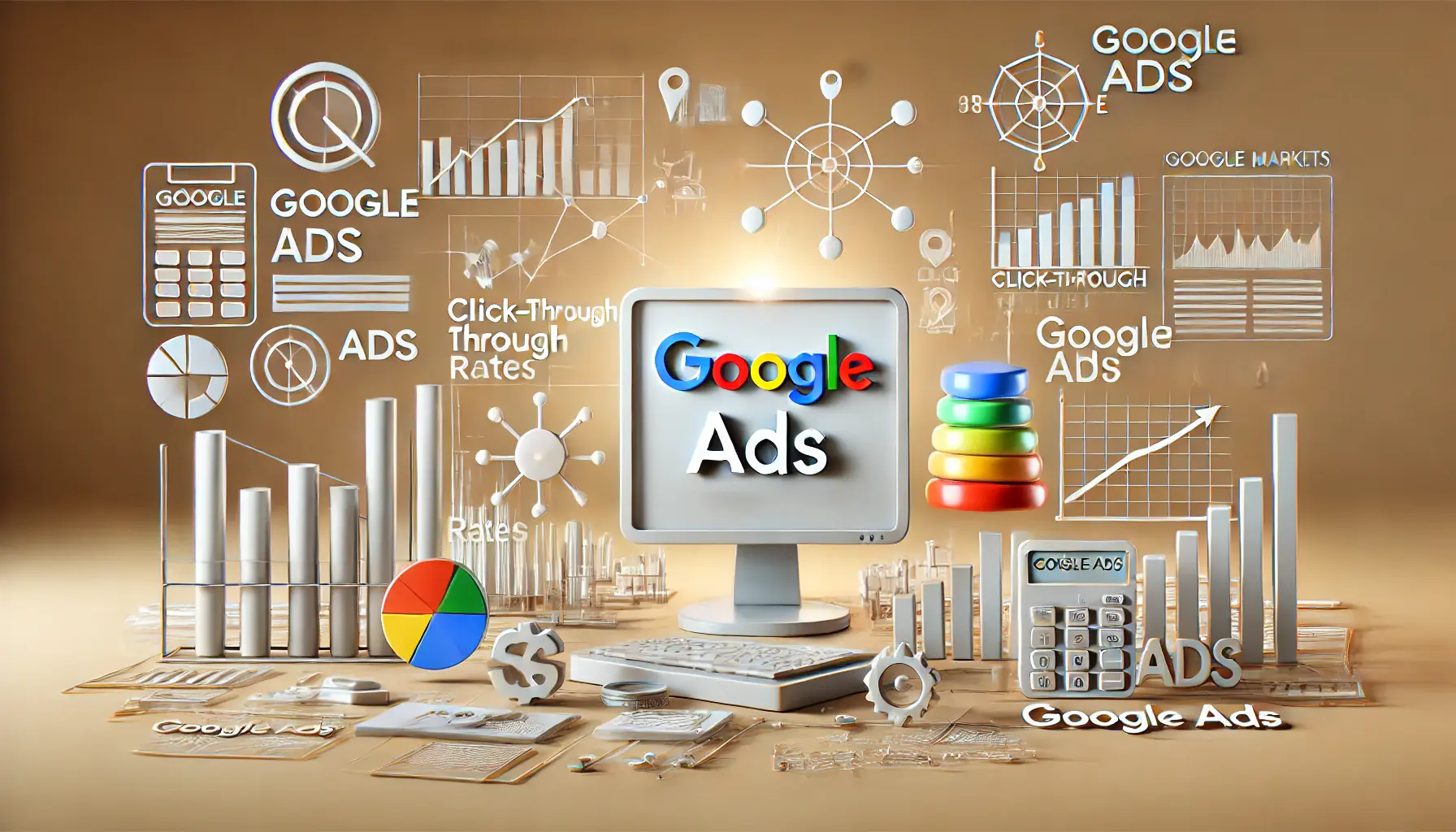 An image representing Google Ads click-through rate improvement with icons of data analytics, ad metrics, and performance tracking.