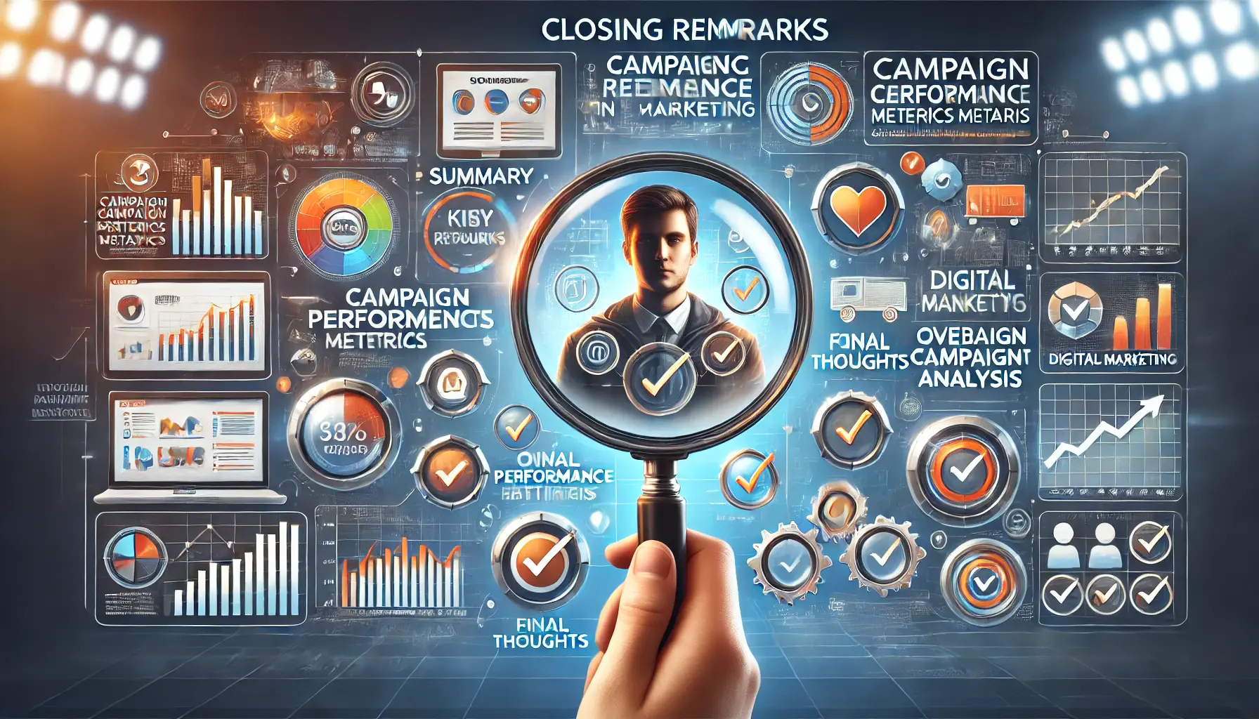 An illustrative image depicting closing remarks on campaign performance metrics analysis in digital marketing, featuring a summary dashboard.